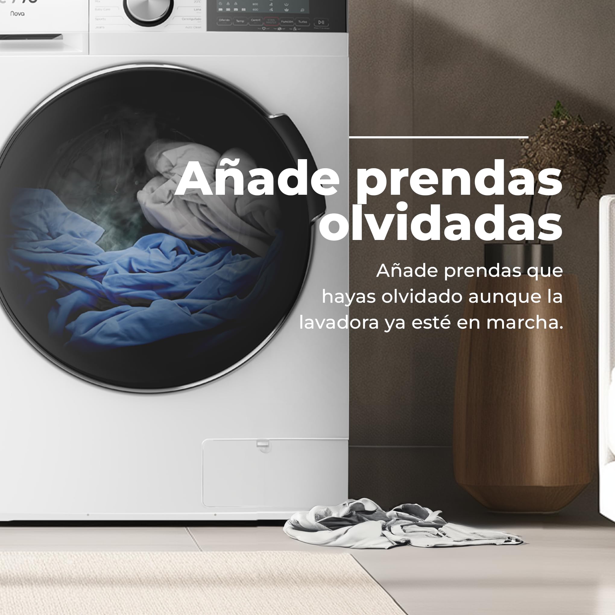 EVVO Lavadora 8kg, Vapor, Bajo consumo, Clase A, Motor Inverter, Hygiene Pro, Lavado Rápido 15', Tambor ePROTECT, SMART LOAD, 1400 rpm, 13 programas, Carga frontal, Nova (8Kg, Inox)