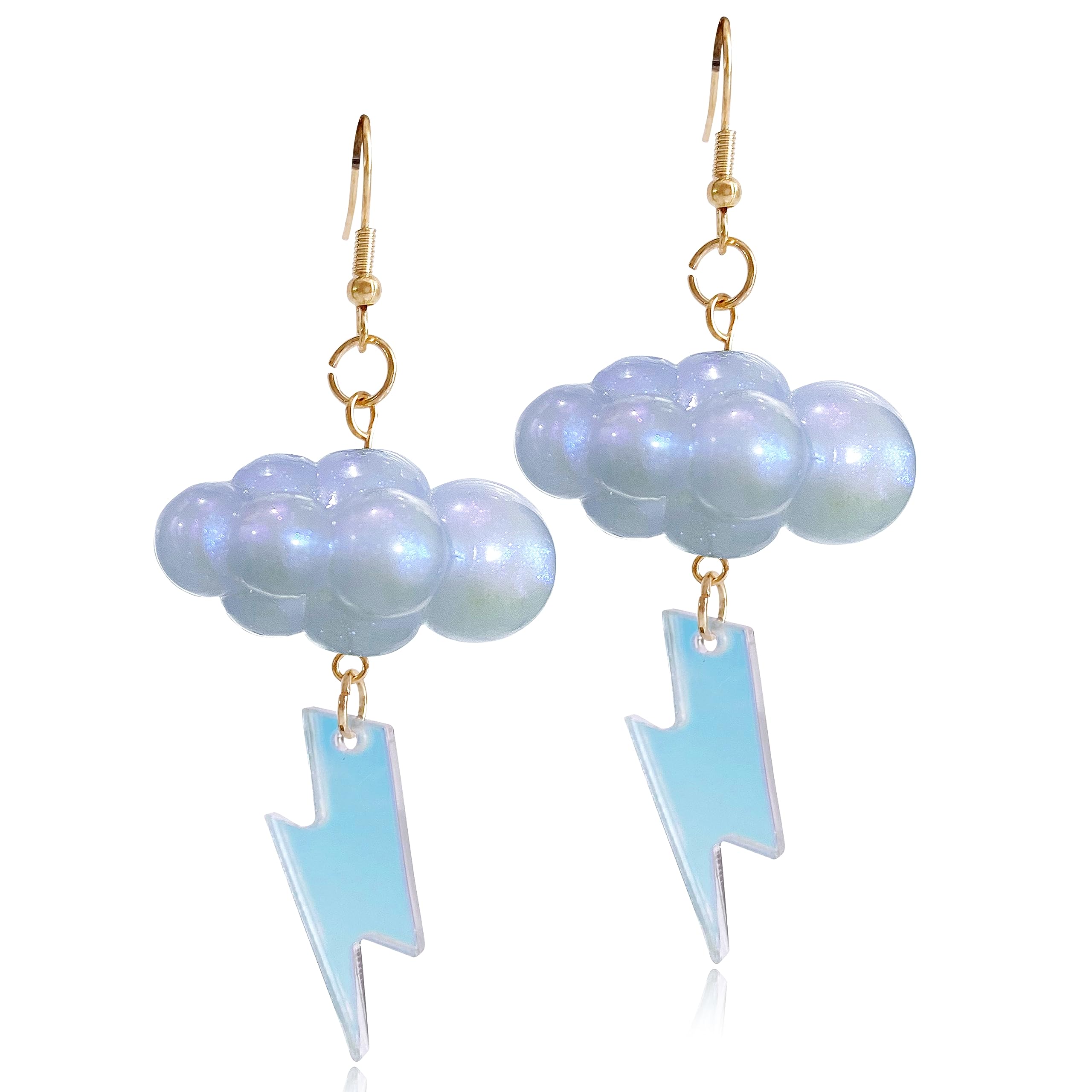 Cute Handmade Sparkly Large 3D Resin Cloud Lightning Weather Dangle Drop Hook Earrings for Women