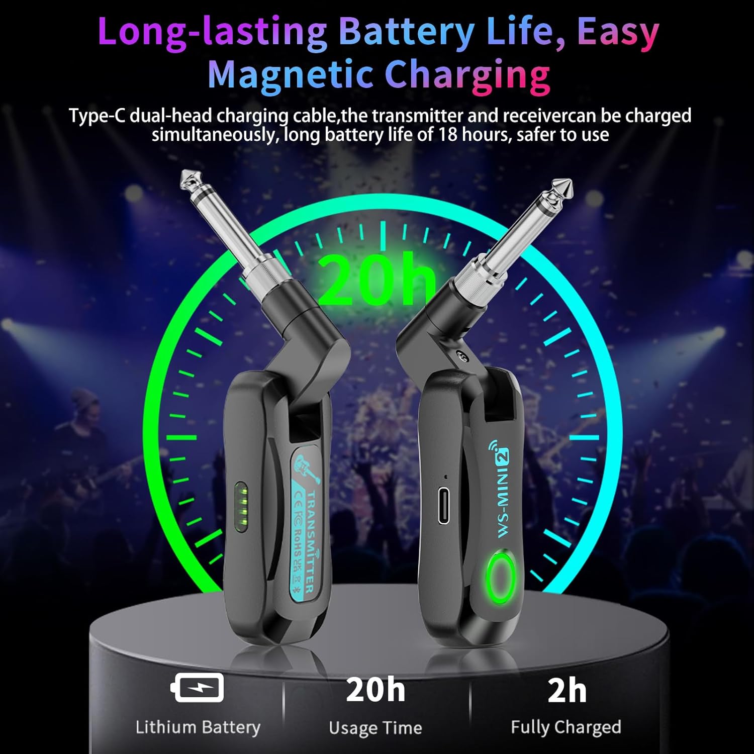 BEEONE 2.4GHz Wireless Guitar System with Rotating Head, Rechargeable Wireless Guitar Transmitter Receiver with 4 Channels, Guitar Wireless System for Electric Guitar Bass, Black (Rotating Head)