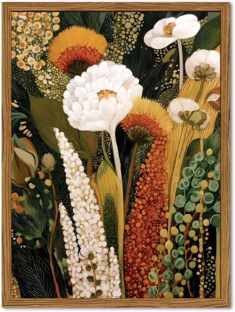 Framed Vintage Floral Canvas Wall Art, Abstract Flower Pictures Wall Decor, Boho Wildflower Botanical Paintings Prints Mid Century Modern Home Decor Aesthetic for Living Room Bedroom 12x16 inch