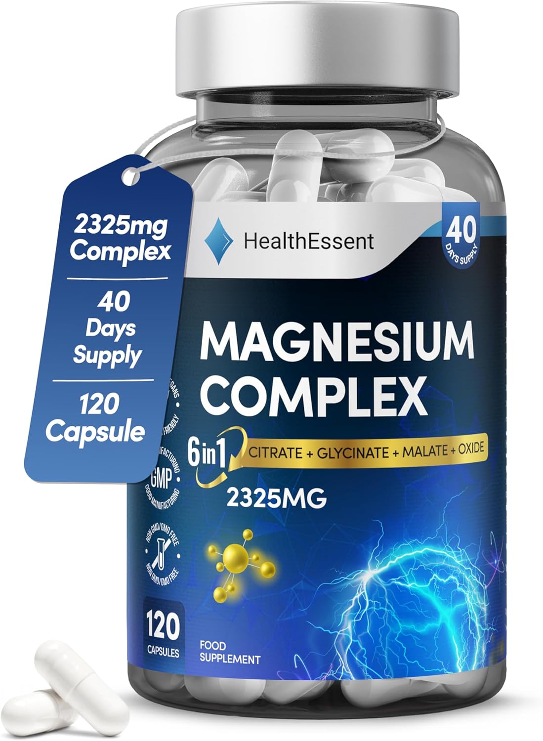 Magnesium 6-in-1 Complex, 2325mg with Magnesium Citrate, Glycinate, Malate, Oxide, Taurate and Orotate – Promotes Sleep, Energy and Muscles – For Stress & Anxiety Relief – 120 Capsules by HealthEssent