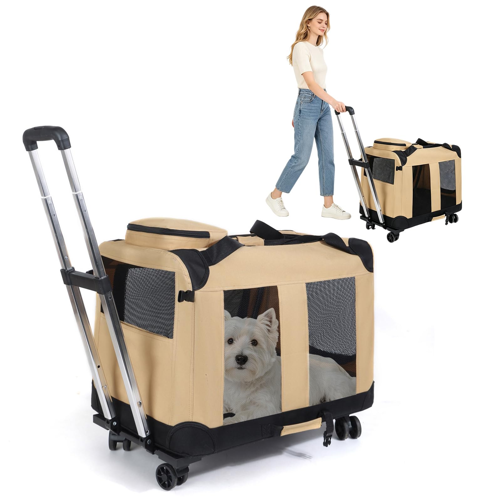 PETCUTE Transportín Plegable para Perros y Gatos Pequeños,60 x 42 x 42cm,Bolsa Transporte Transpirable para Mascotas,Tela Oxford,Transportín Perro Gato con Asas y Bolsillo de Almacenamiento,Caqui