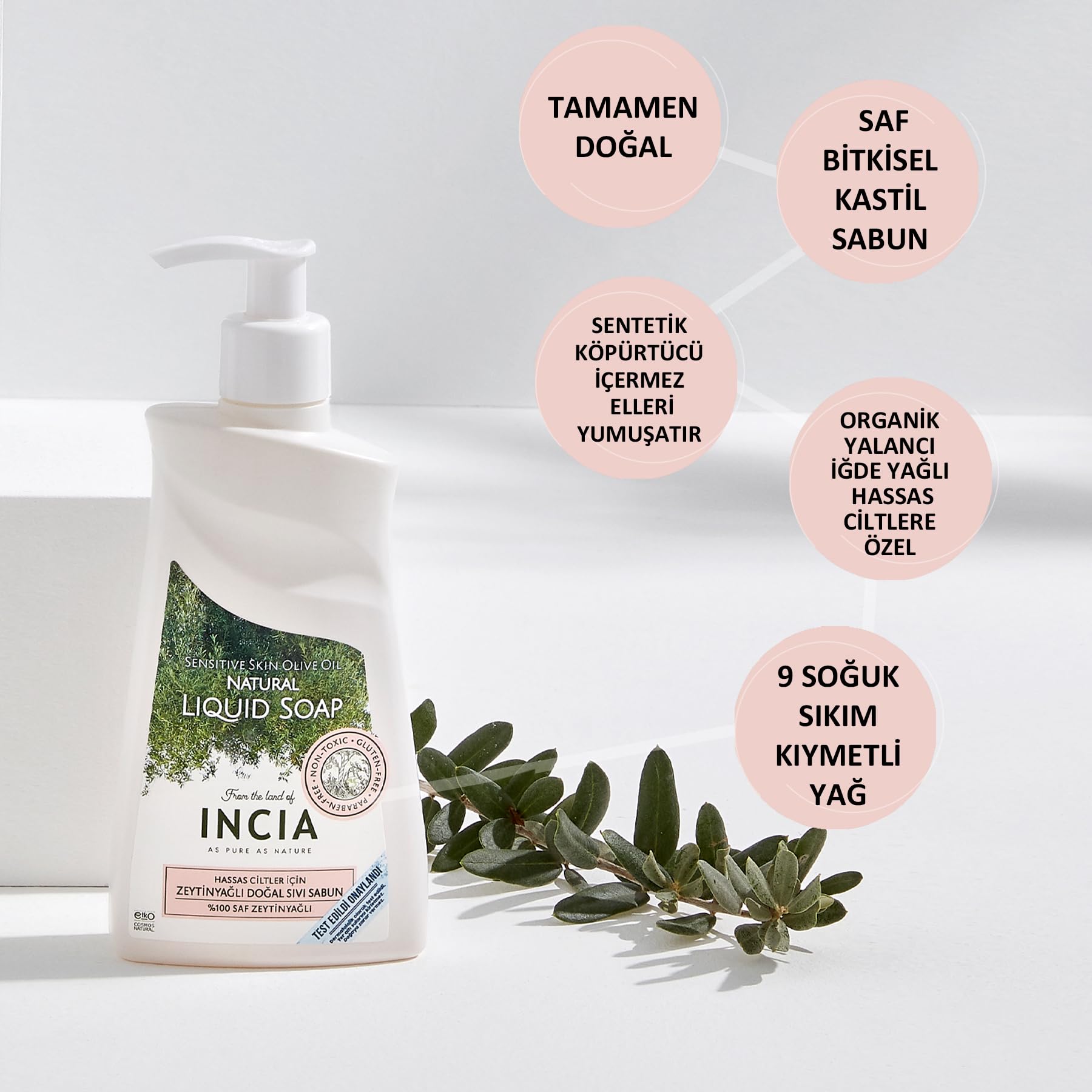 INCIA%100 Doğal Sıvı Kastil Sabunu Hassas Ciltler İçin Zeytinyağlı 10 Bitkisel Değerli Yağ Vegan 250