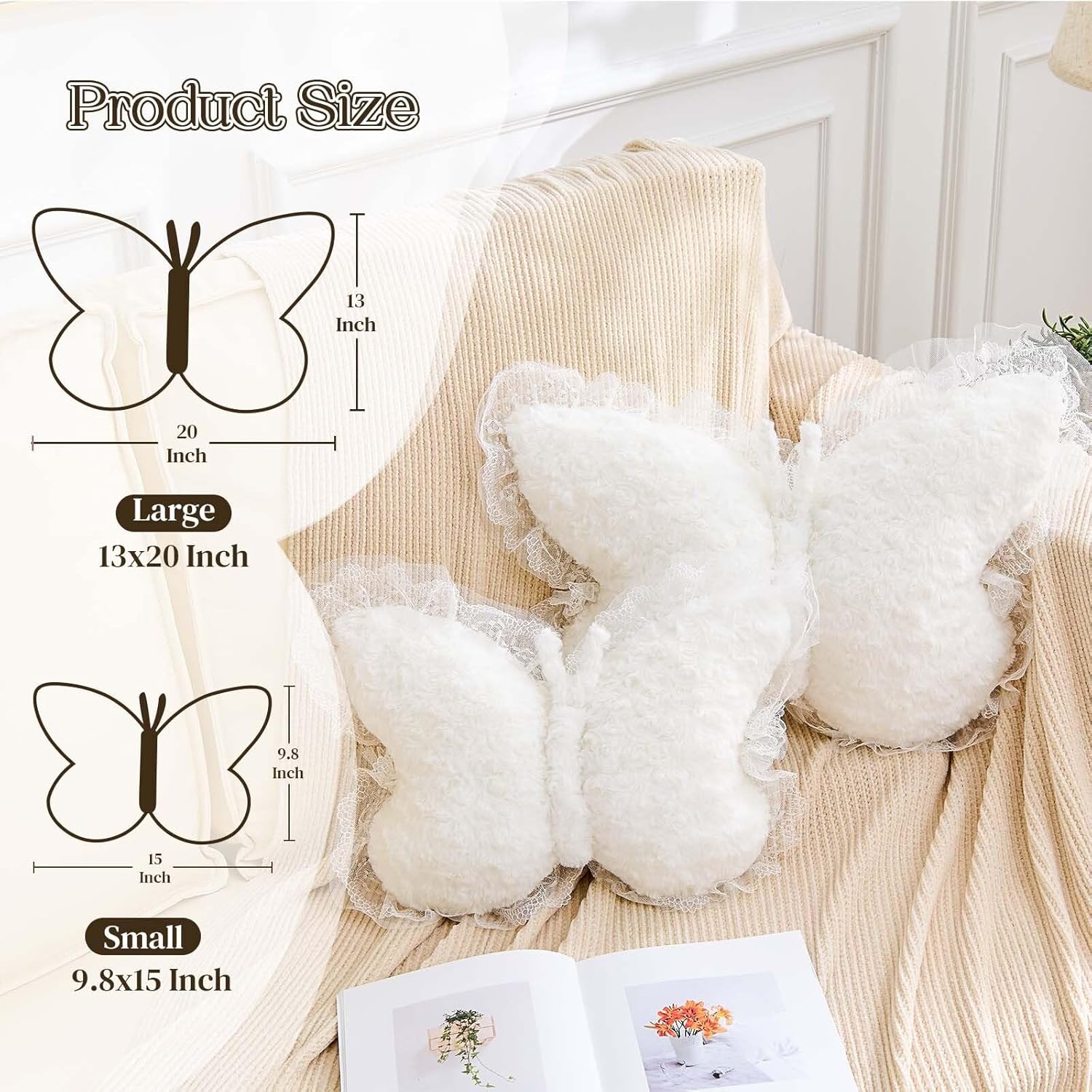 XVTRU Butterfly Pillow White Decorative Pillows 20" Butterfly Shaped Cute Throw Pillows with Lace Aesthetic Bow Plush Cushion for Room Decor Bed Sofa Couch