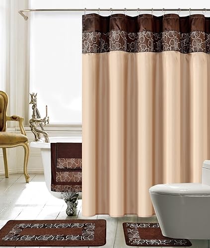 Miniatura 5 de BH Home & Linen Juego de ducha bordada de 18 piezas, 1 alfombrilla de murciélago grande, 1 alfombrilla de contorno, 12 ganchos de ducha de bolas de