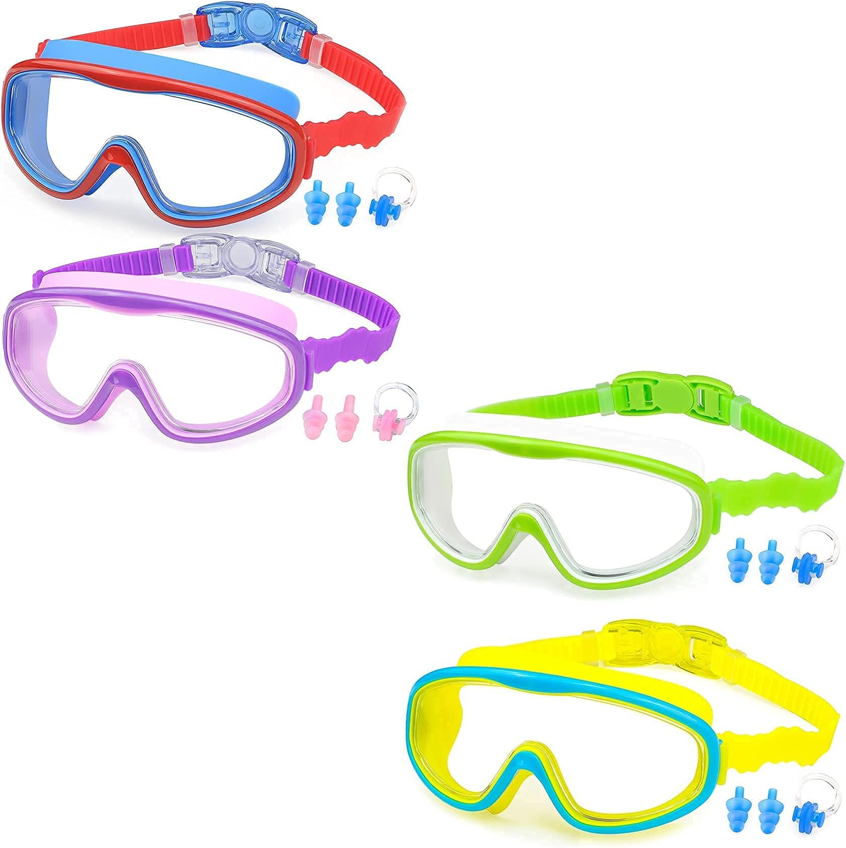 KAILIMENGSwimming Goggles for Kids - 4 Pack Kids Swim Goggles for Toddlers Youth Child Age 4 to 15, No Leaking, Large Frame, Clear & Wide View, Anti-Fog & UV Protection
