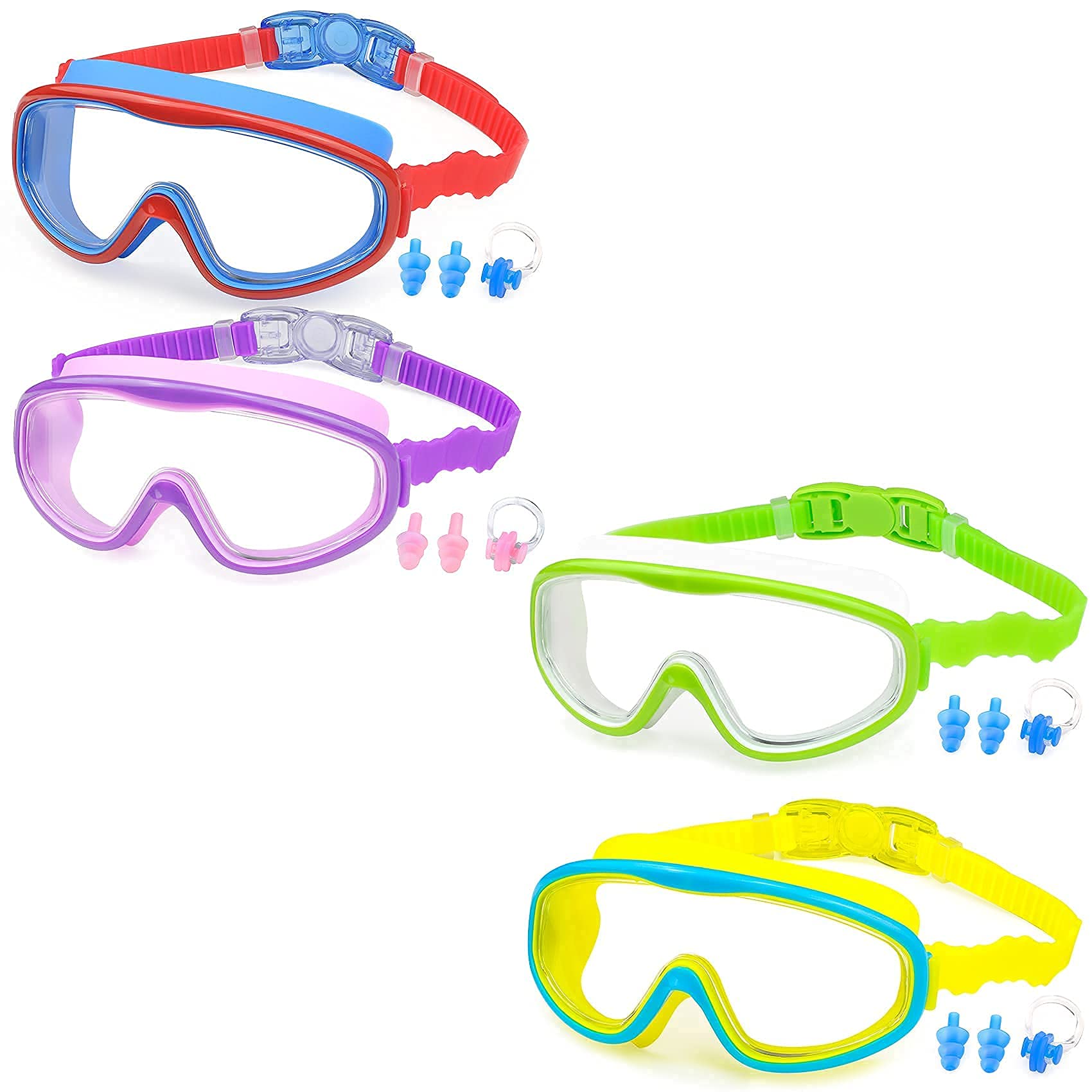 KAILIMENGSwimming Goggles for Kids - 4 Pack Kids Swim Goggles for Toddlers Youth Child Age 4 to 15, No Leaking, Large Frame, Clear & Wide View, Anti-Fog & UV Protection