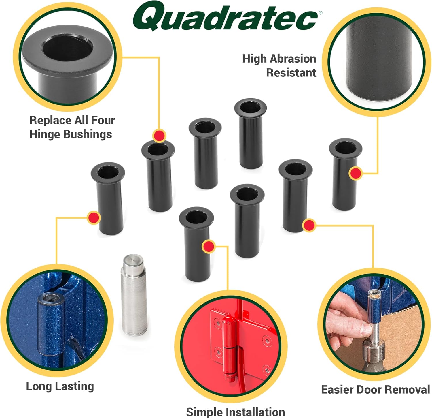 Quadratec Delrin Replacement Door Hinge Bushing Set - Fits Jeep Wrangler Unlimited JK & JL 4-Door 2007-2026 - Synthetic Replacement Bushings - Lasts Longer than Factory Metal Bushings