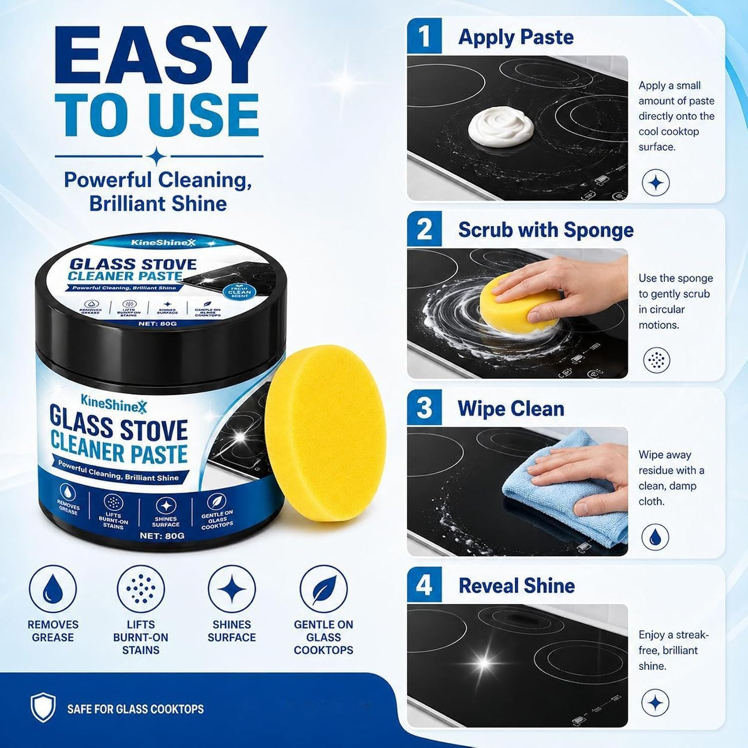 Pasta Limpiadora Para Vitrocerámica Con Esponja (3PC) | Limpiador Y Abrillantador Para VitroceráMica, Suave Y No Raya. Elimina FáCilmente La Grasa Incrustada Y Las Manchas De Agua