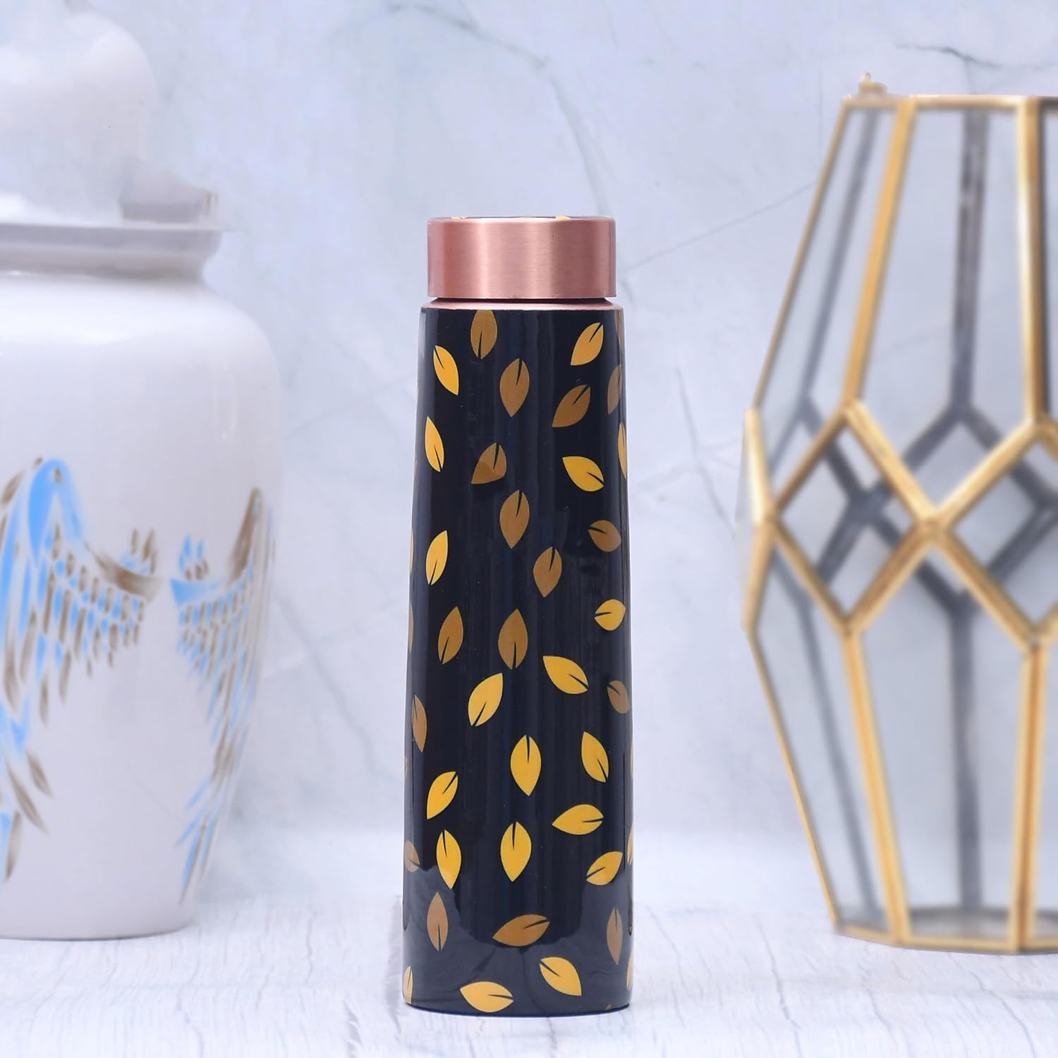 Leaf Design Printed Copper Water Bottle Enamel Leak Proof Capacity 1000 ML Black and Gold Copper 7x7x28 CM