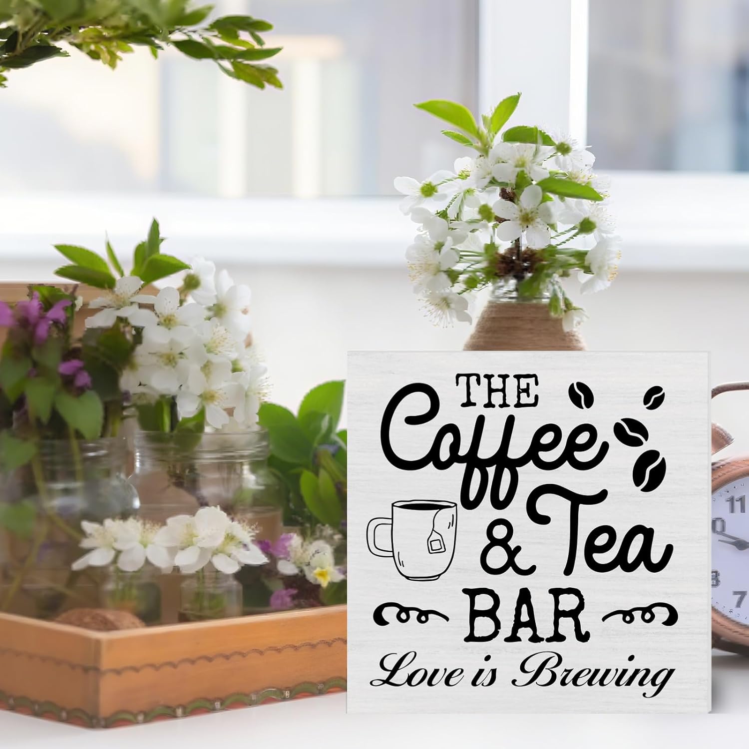 Coffee & Tea Bar Sign Decor, Coffee Tea Station Accessories, Farmhouse Kitchen Wooden Sign Desk Table Decor image 4 of 6 B0FKRC5KPM