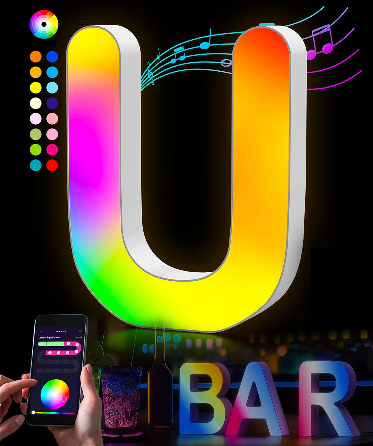 Splicing Letters Decorations Indoor Light - Alphabet Music Sync Color Changing Room Decor with App Control RGB Light Up Letters Boy Girl Gift Wedding Home Bar Wall Decoration(U)