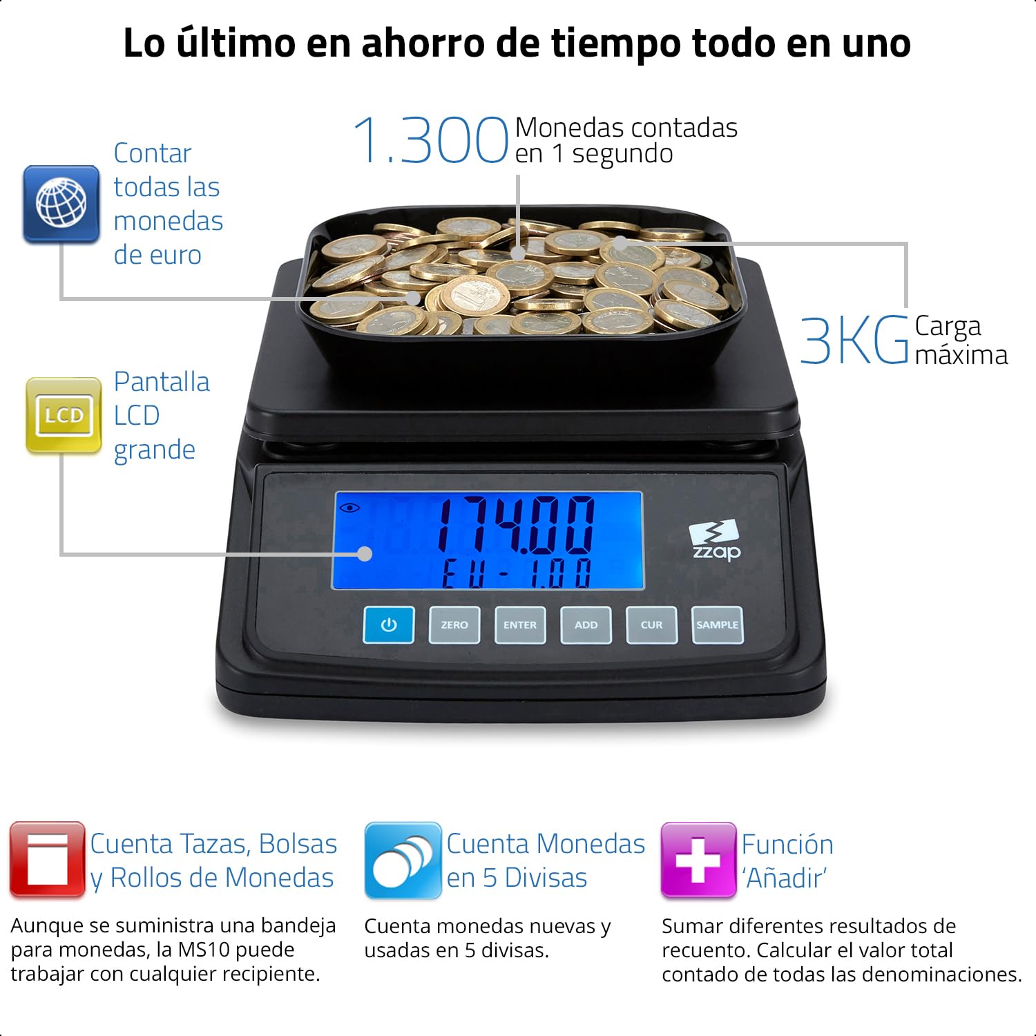 ZZap MS10 Báscula contadora de monedas 5 divisas 3 kg pantalla retroiluminada batería