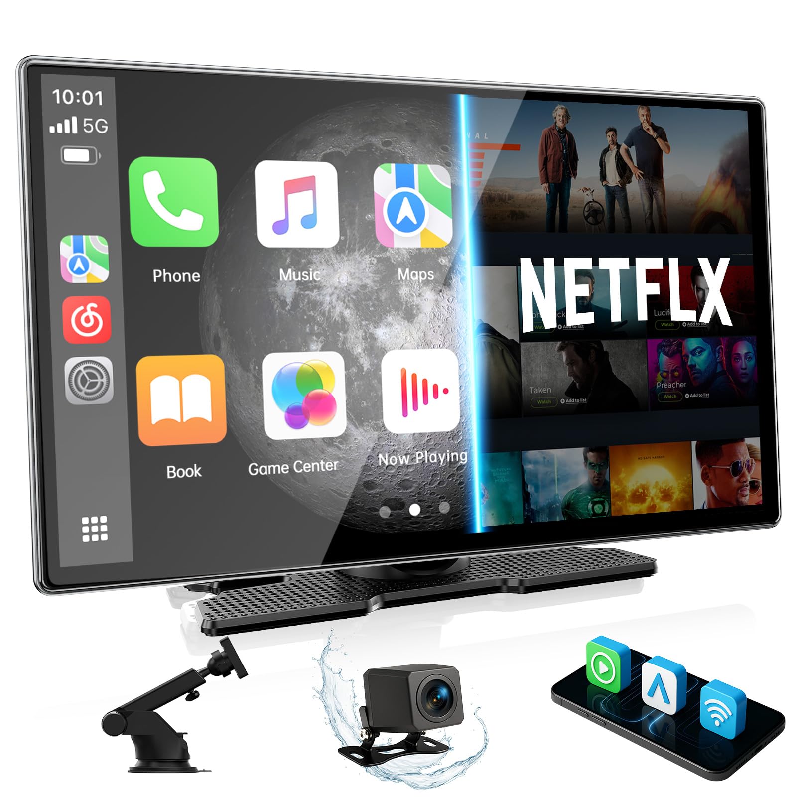 Volam 9'' inch Wireless CarPlay Screen for Car Supports Net-Flix/YouTube,Android Auto Screen Built-in Backup Camera, GPS Navigation,Voice Assistant, Compatible with iPhone iOS 10+ and Android 13+