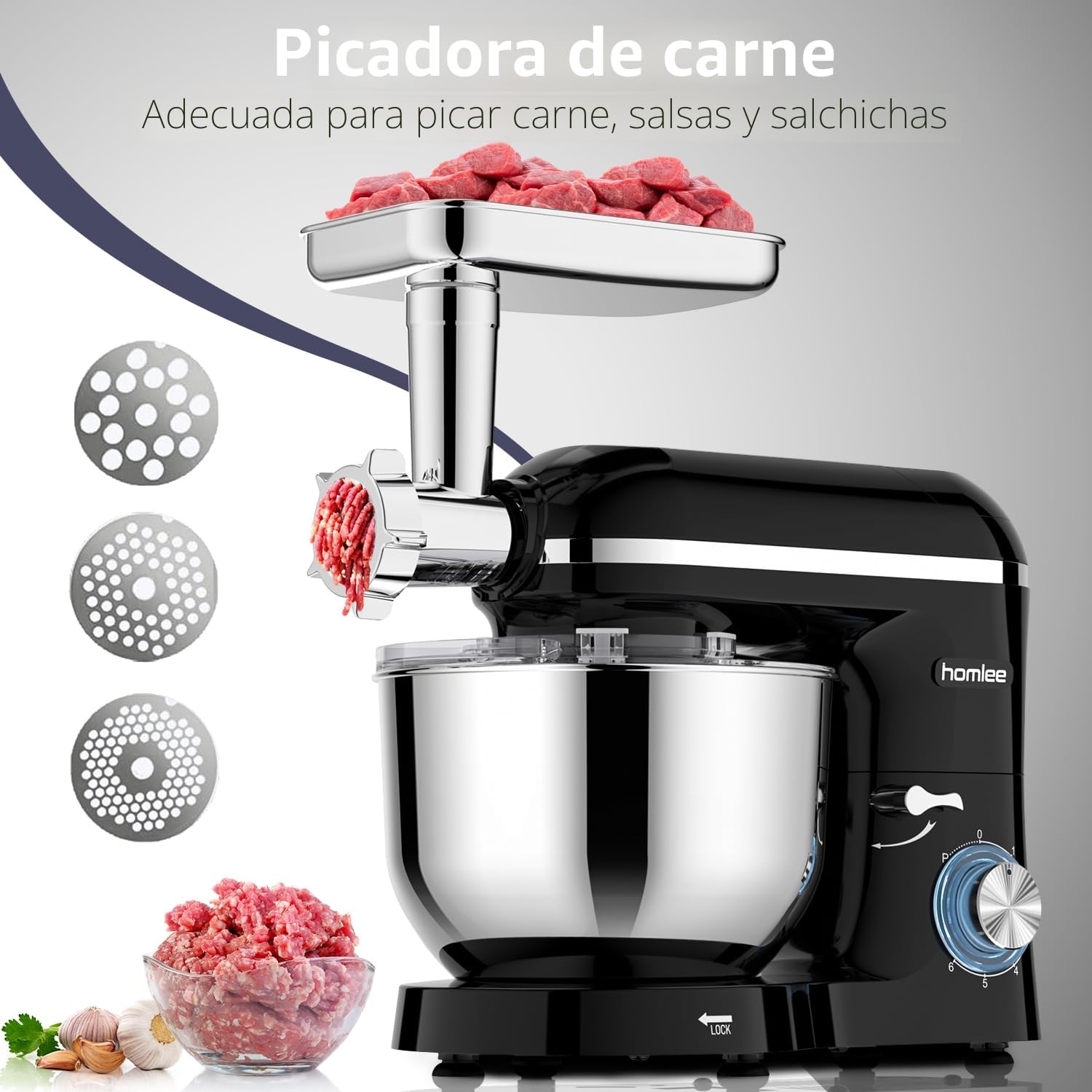 Homlee 3 In 1 Robot De Cocina con Picadora De Carne y Batidora,2000W Amasadora Multifunción, 5.5L Cuenco De Acero Inoxidable,1.5L Exprimidor De zumo, 6 Niveles De Velocidad