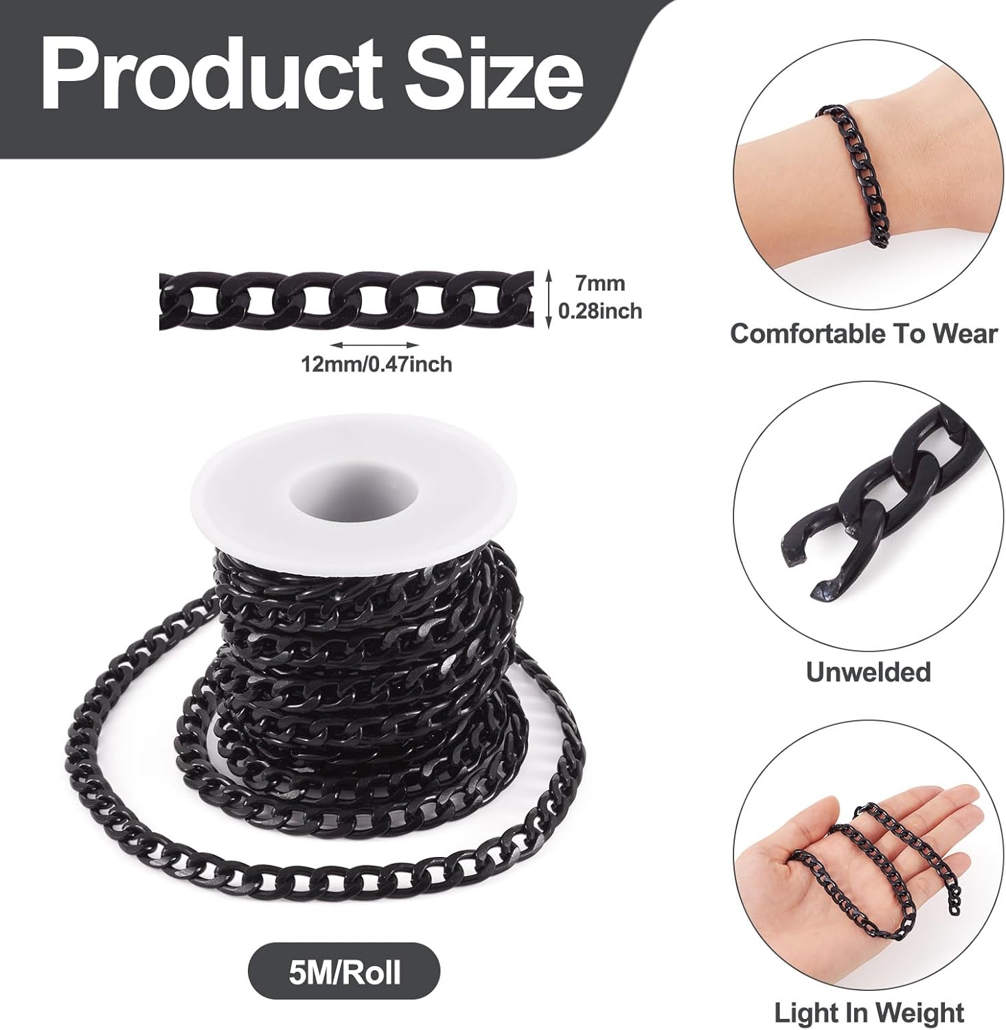 Beadthoven 1 Roll 16.4 Feet Aluminium Curb Chains 12x7x2mm Black Twisted Links Cable Necklace Chain Unwelded with Spool for Jewelry Making - Image 2