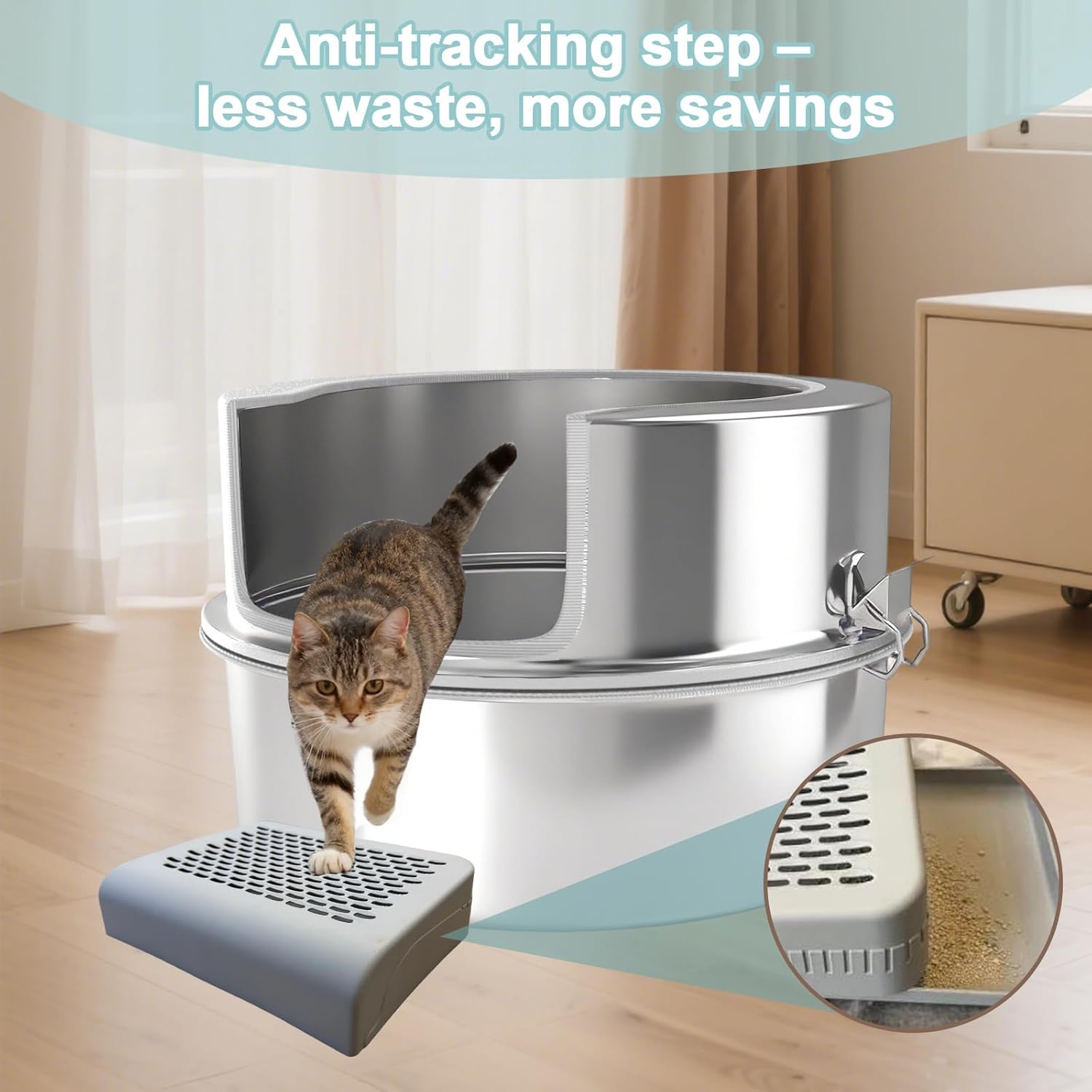 High Sided Low Entry Stainless Steel Round Cat Litter Box, Large Corner Litter Box for Big/Multi Cats,Metal Litter Box Includes Scoop & Filter Pedal,Odor Control，Easy to Clean