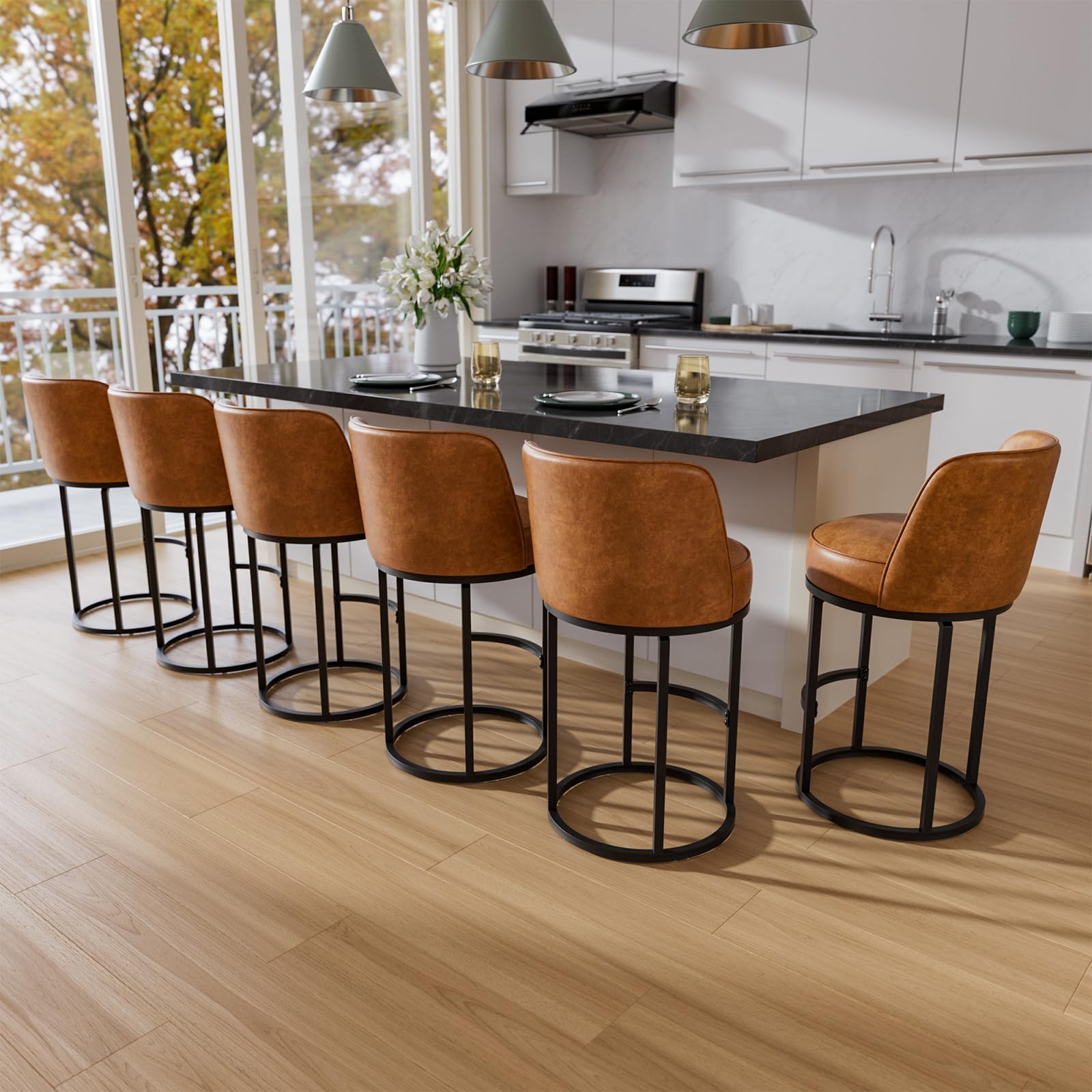 26" Brown Counter Height Bar Stools Set of 6, Anti-Pinch Swivel | Round Base with Metal Frame, 4.7" Thick Seat, Easy-Clean Faux Leather, Comfy Back, Barstools for Kitchen Island, Home Bar