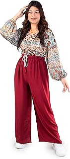 بنطلون قطن سادة بأرجل واسعة وخصر مرتفع ورباط عند الخصر للنساء من مودا مارك