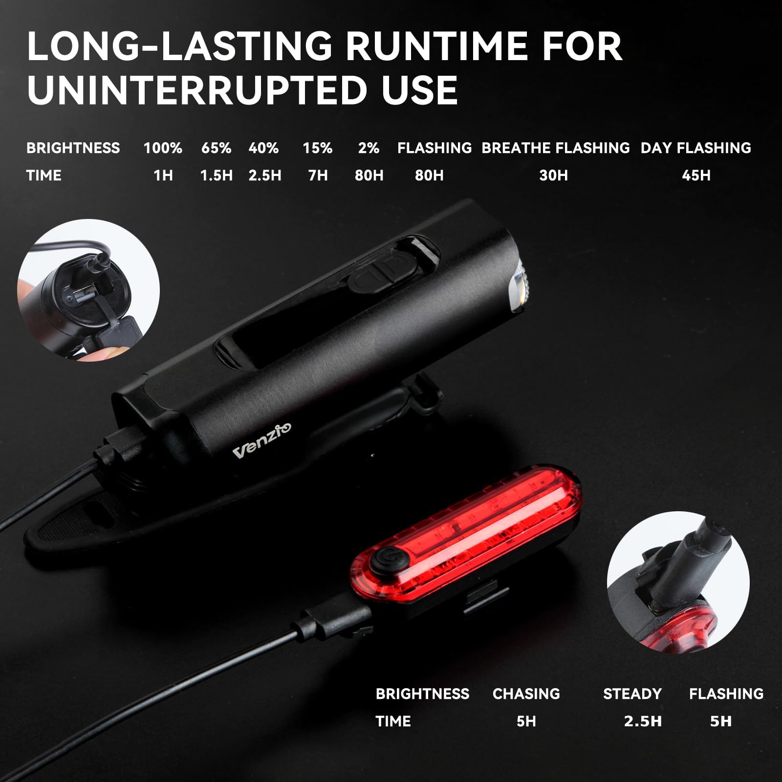 Venzio Luci per bici, 500LM ricaricabili USB-C LED faro e fanale posteriore, 8+3 modalità luci anteriori e posteriori per guida notturna, set di luci per bicicletta impermeabili IPX4