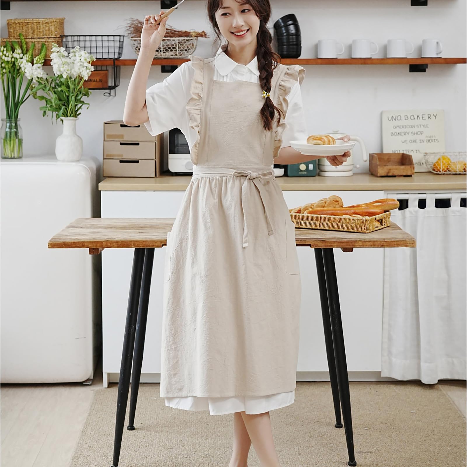Tablier vintage en coton résistant aux taches avec poches pour la cuisine, la peinture, la pâtisserie