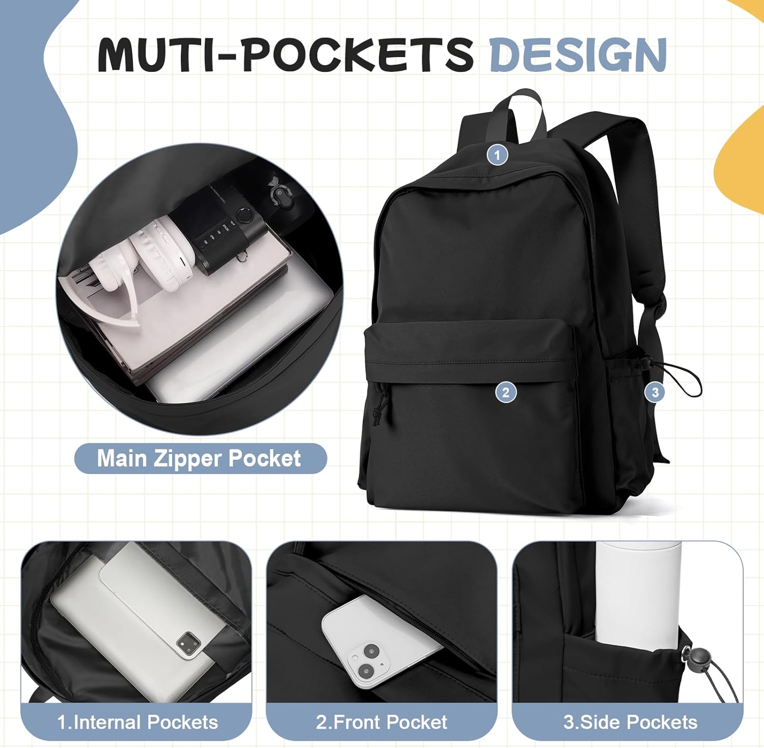 PAUBACK Black School Backpack for Girls Women Waterproof High School Book Bag Cute Backpack for Men Teens Boys, Lightweight Simple Middle School Back Pack Daypack - Image 4