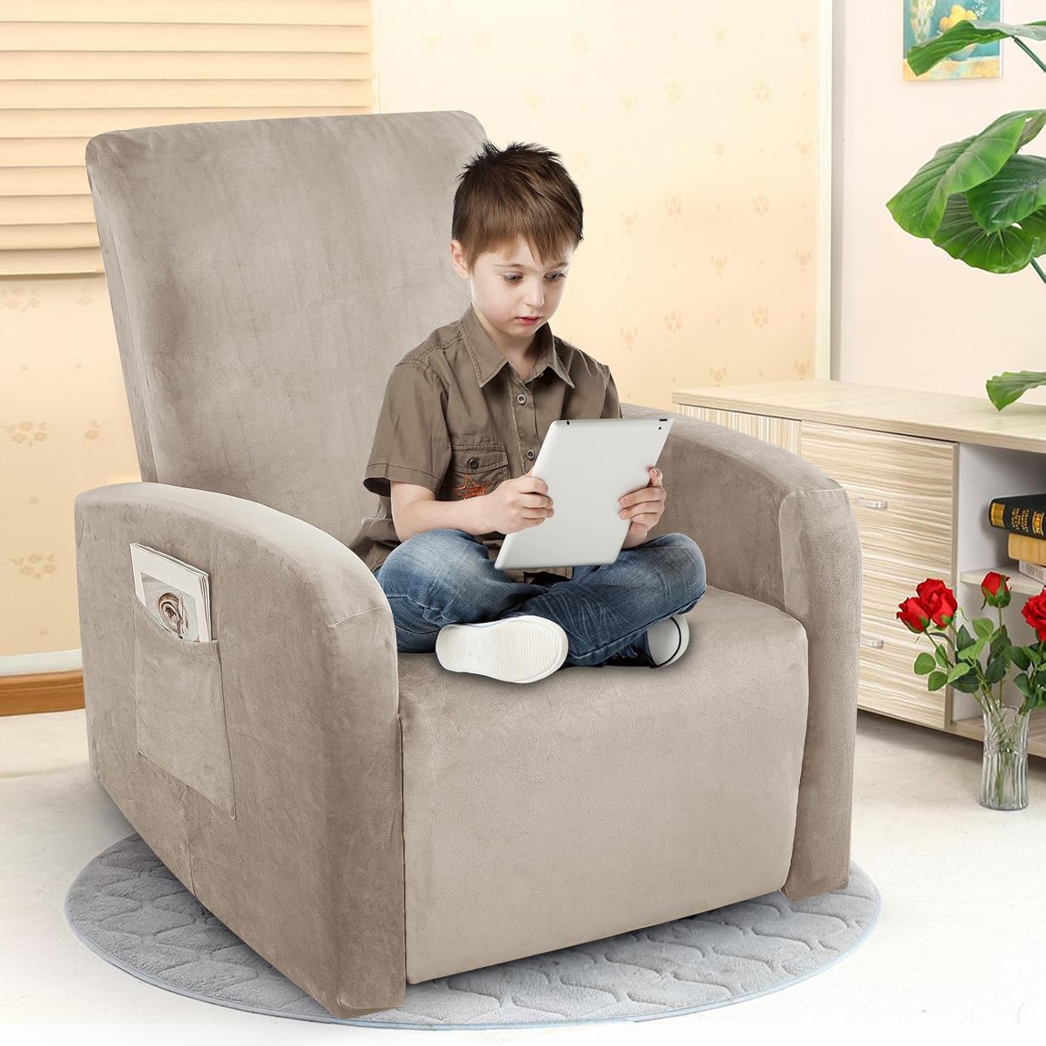 ZNSAYOTX 2026 Velvet Small Recliner Cover 3-Piece, Luxury Plush Recliner Chair Covers with Elastic Band & Ties Stay in Place, Stretch Reclining Slipcover for Lazy Boy Soft Washable (Khaki)