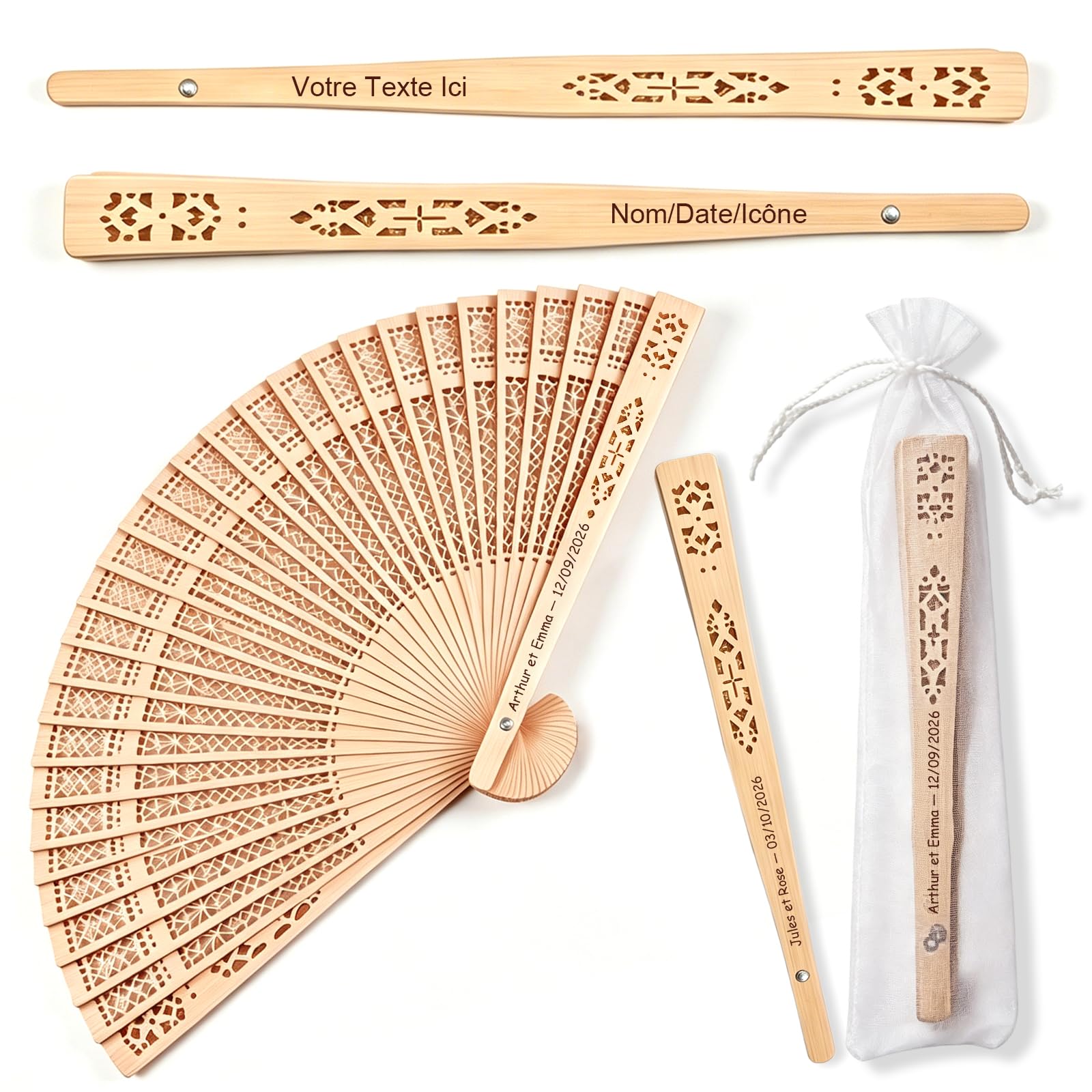 Éventails de mariage personnalisés en bois gravé pour invités