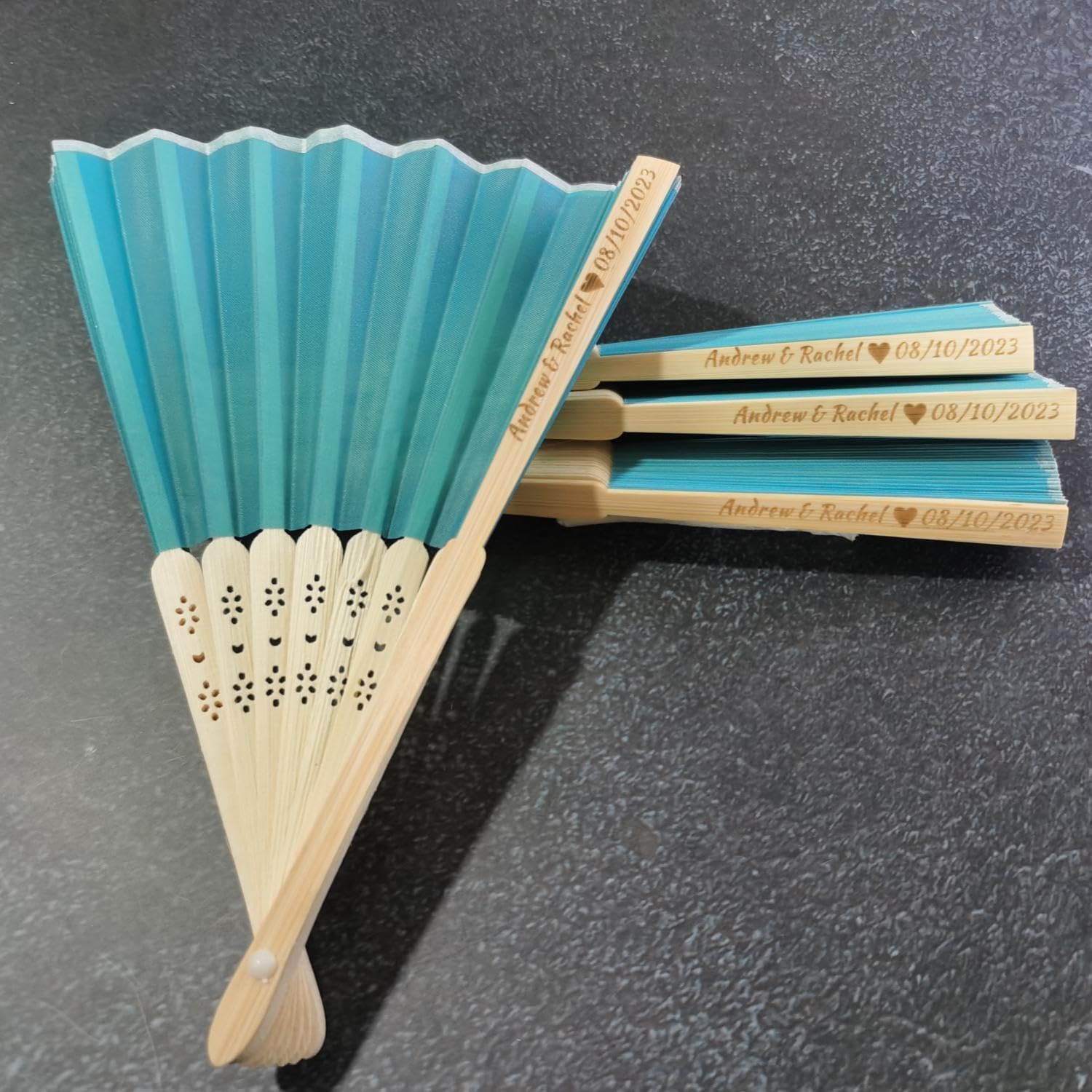 Personalized Blue Silk Wedding Fans-Custom Engraved Handheld Folding Fans-Perfect for Bridal Shower、Engagement、Birthdays (50Pcs)