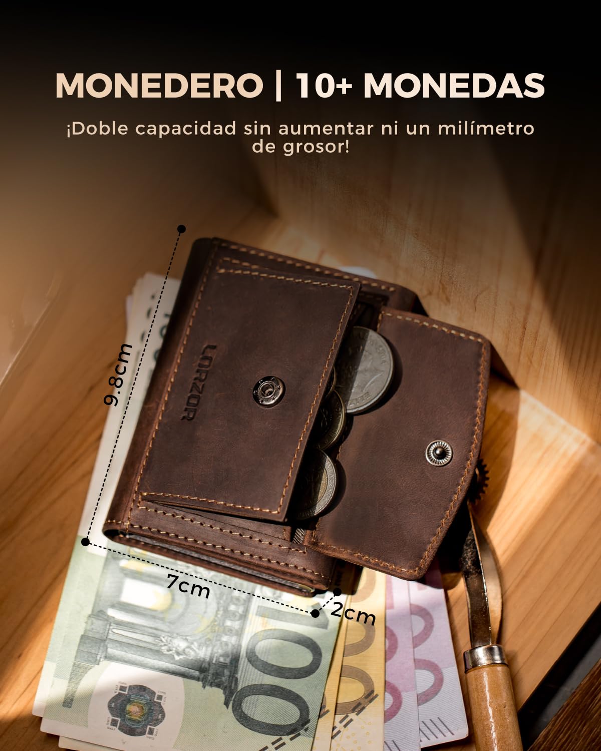LORZOR Carteras para Hombre Pequeñas con Monedero XXL, Billetera para Hombre con Bloqueo RFID, Cartera Tarjetero Piel, Wallet Pop-up con Compartimento para Billetes, Capacidad para 10 Tarjetas