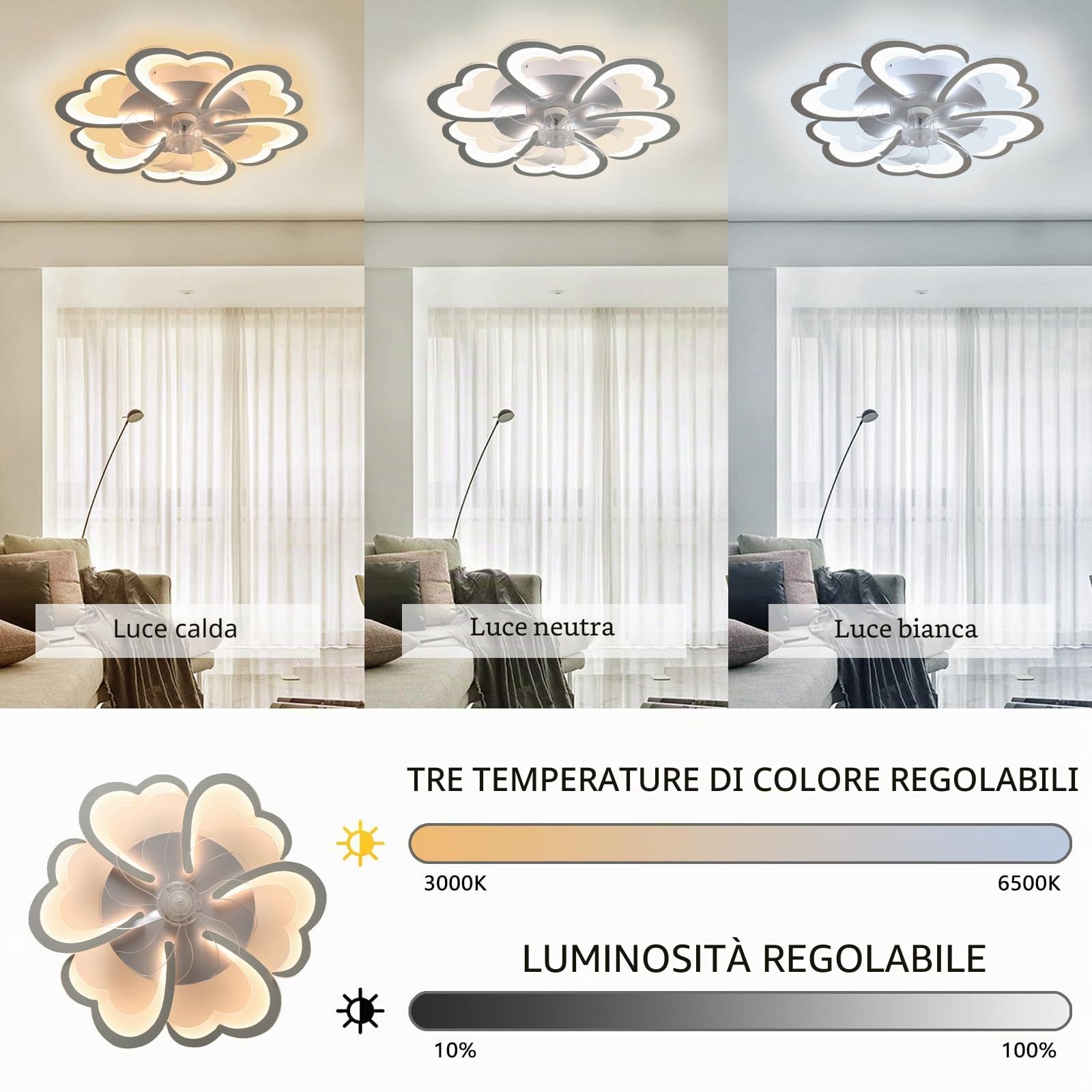 Ventilatore Da Soffitto Con Illuminazione Lampada Da Soffitto Con Ventilatore Con Telecomando Dimmerabile Silenzioso Timer, 6 Velocità Plafoniera Floreale LED 72W Ventilatore Con Luce Per Soggiorno