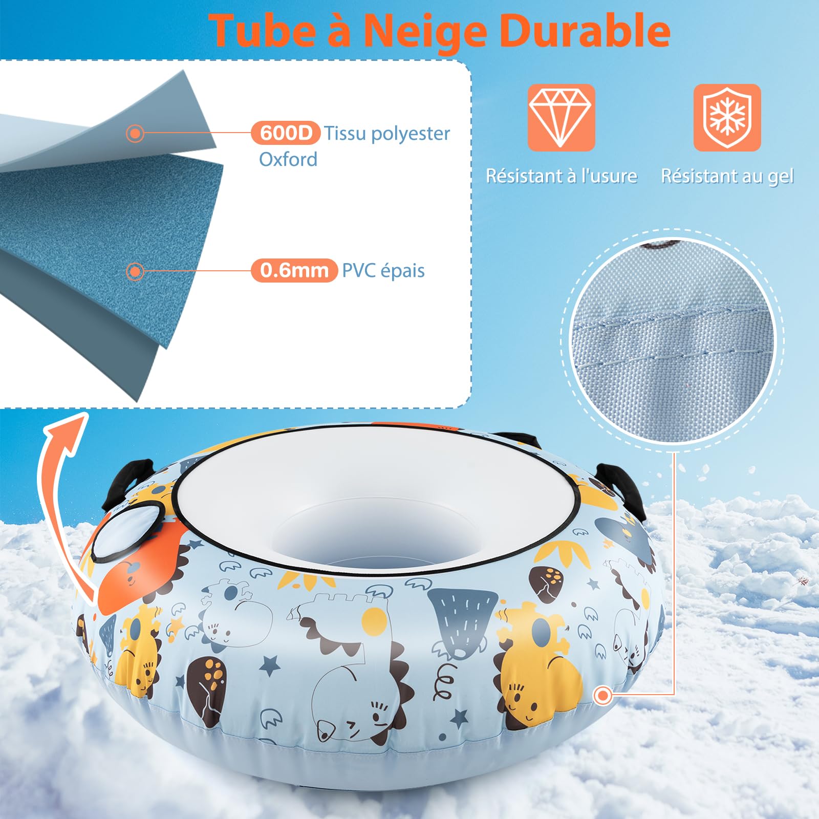SOARS Tube à Neige Gonflable, Luge Gonflable 132 CM en Polyester Oxford, avec Poignées Stables et Pompe à Pneu, Anti-Rayures, Résistant au Gel Jusqu’à -25 ℃, Snow Tube pour Enfants et Adultes