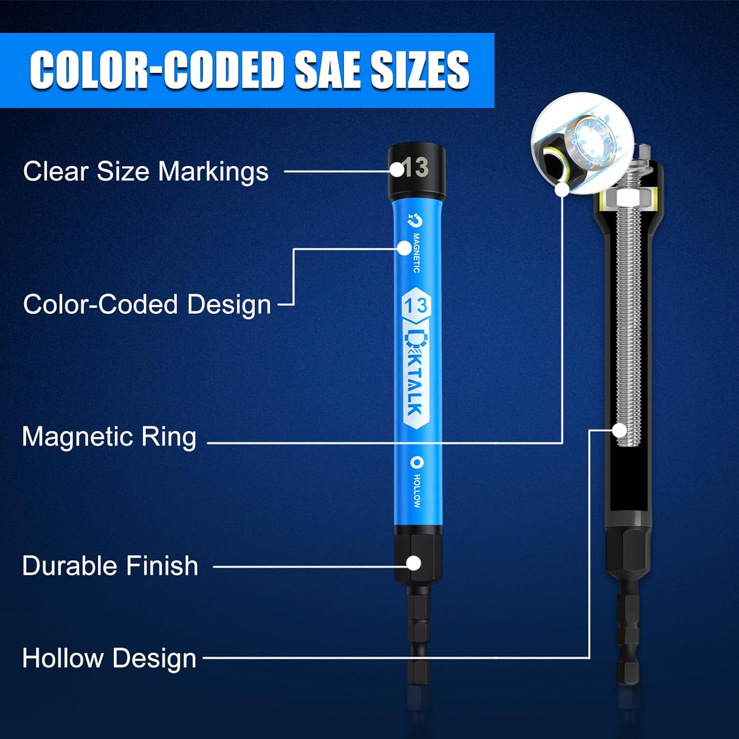 Magnetic Hollow Impact Nut Driver Set, 6-Piece Hollow Shaft Power Nut Driver, 5-Inch Extended Reach for Long Bolts & Threaded Rods, Color-Coded, Impact Rated, Metric Size