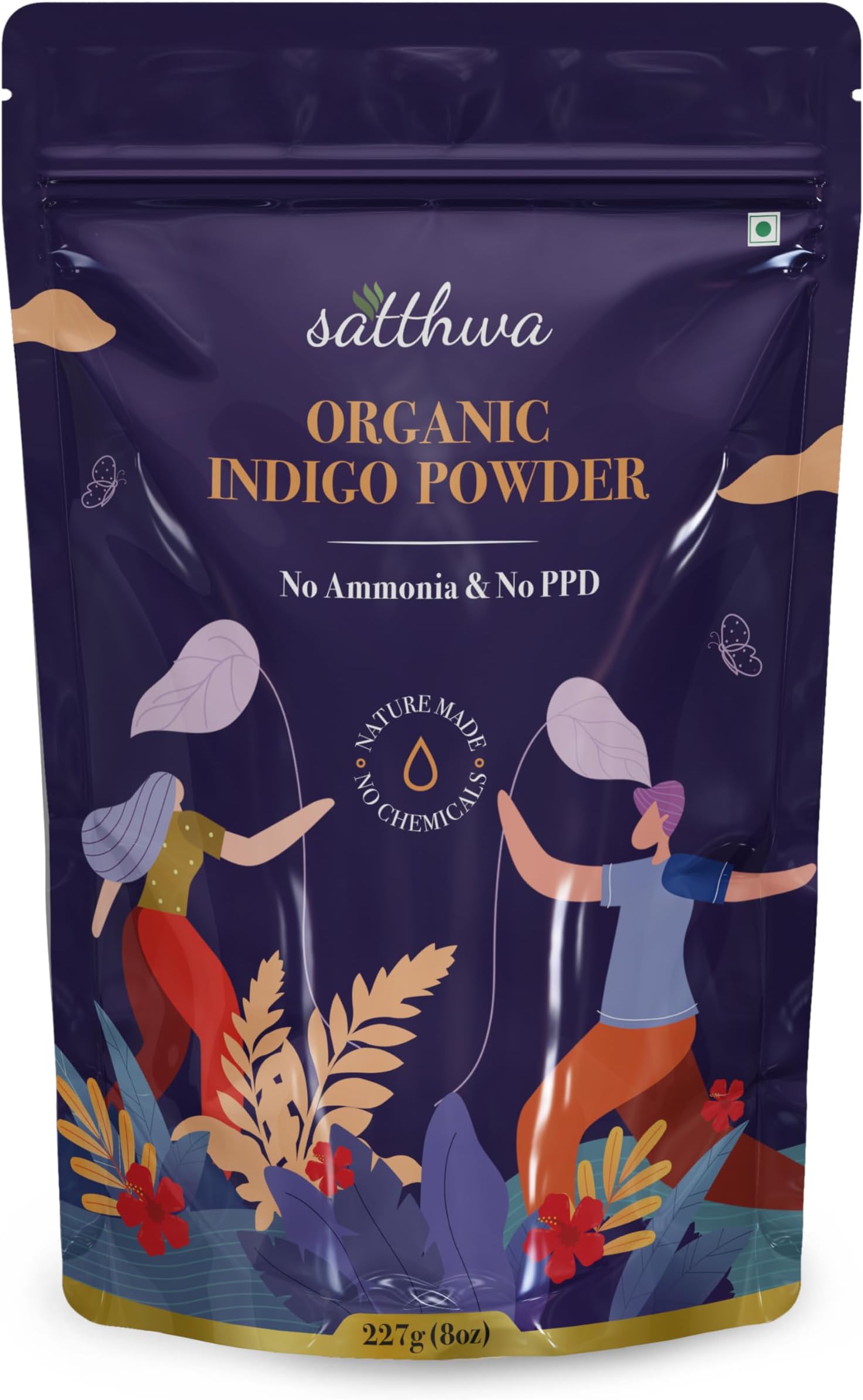 Satthwa Organic Indigo Powder | 227gm (8oz) |100% Pure and Natural (Indigofera Tinctoria) | No Common Allergens | Indigo for Deep, Rich, Black Hair Colour and Covering Greys