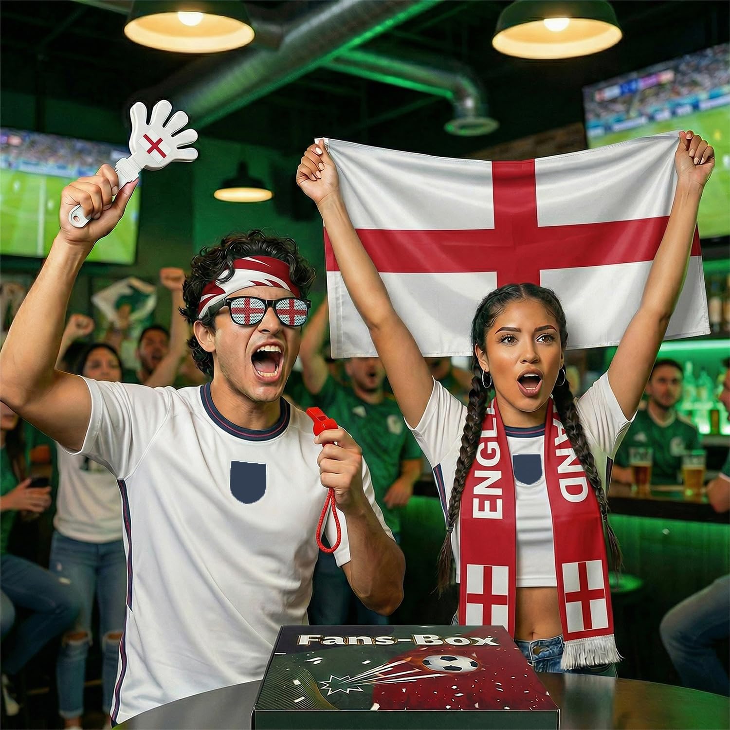 7 Pcs Cheering Kit for Football Matches, 2026 England Soccer Fan Game Day Accessory Set, Includes Flag, Glasses, Whistle, Clapper, Wristband, Scarf & Headband - 4