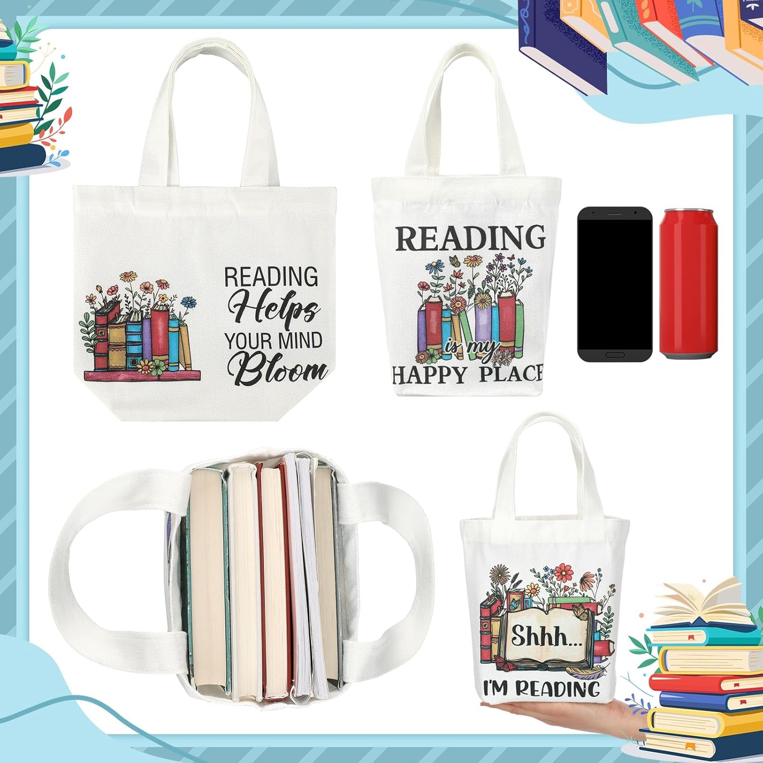 12 Pcs Book Tote Bags Book Lover Club Gifts Bulk Mini Bookish Canvas Tote Bag with Handle Reading Club Gifts for Valentine's Day Bookish Librarian Reader Lovers Women