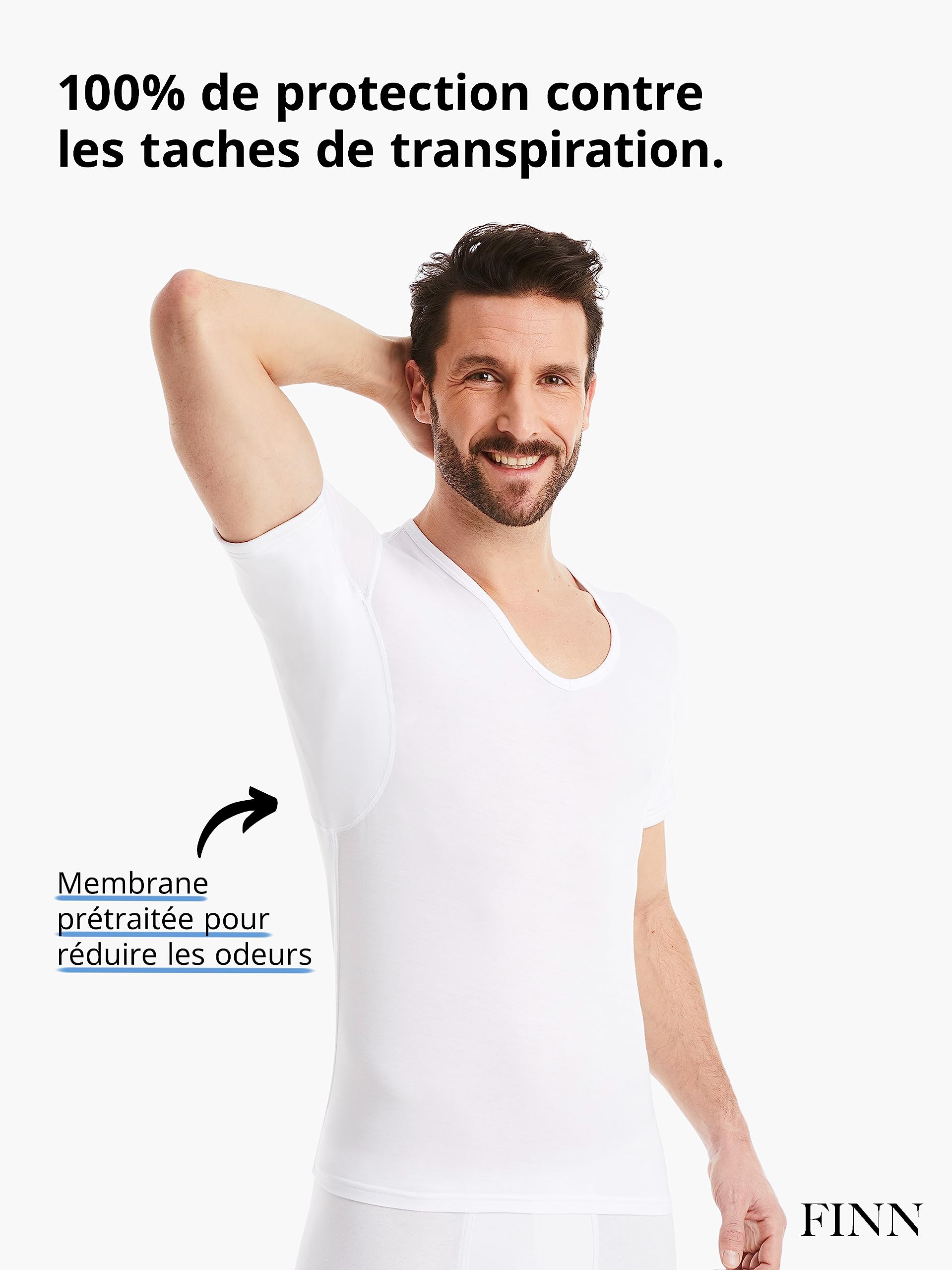 FINN T-Shirt Anti-Transpiration pour Hommes avec col en V et Patchs intégrés aux aisselles pour la Forte Transpiration - Maillot de Corps Contre Les odeurs et Les Taches de Sueur