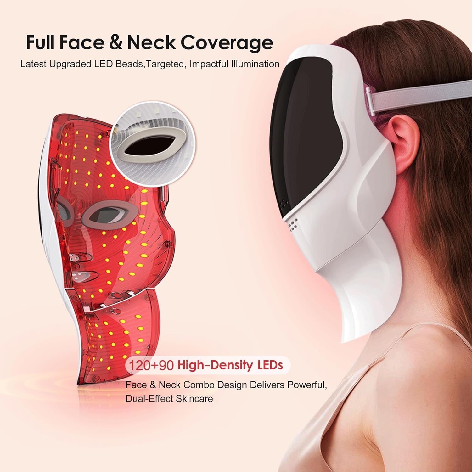 Masque Led Visage et Cou, Masque Luminotherapie Visage de Rouge pour, Masque Facial Thérapie LED pour Femmes et Hommes, 7 couleurs 120 perles à Infrarouge de soin la Peau