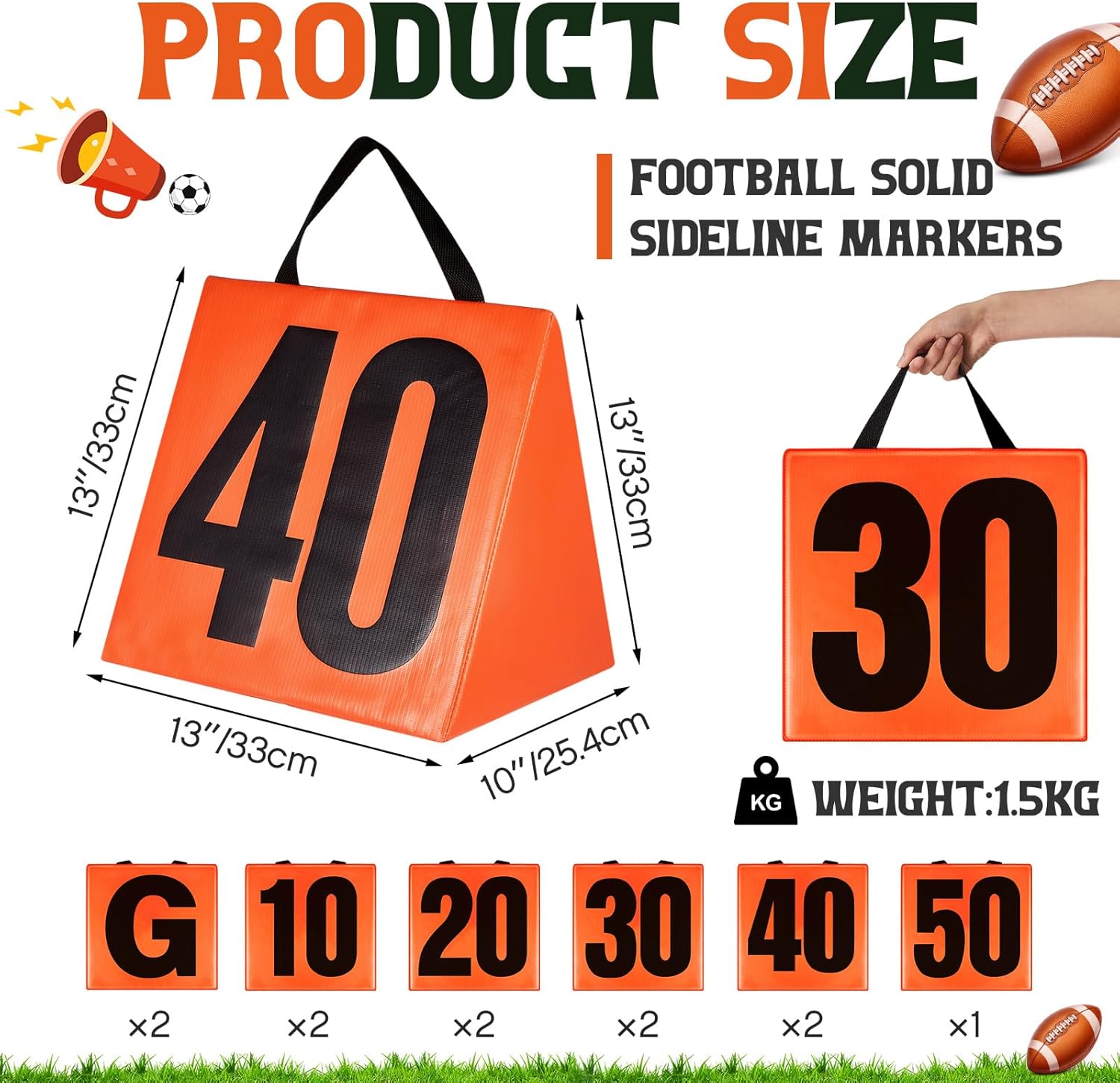 Gemscream Solid Weighted Football Field Markers(1.5 kg Each) 13 Inch Set of 11 PVC High Visibility Football Yard Line Markers with Black Nylon Handle Solid Orange Football Goal Markers for Sports