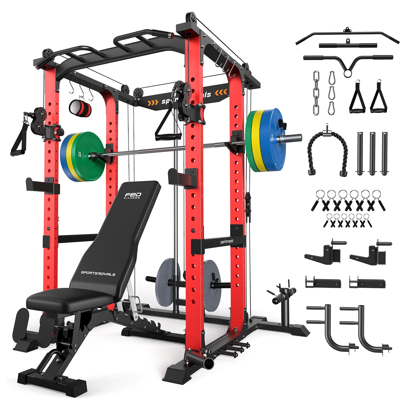 SPORTSROYALS Power Rack, Multi-Functional Power Cage, Squat Rack with Pulley System &amp; LAT Pull Down, Workout Cage with J Hooks for Home Gym