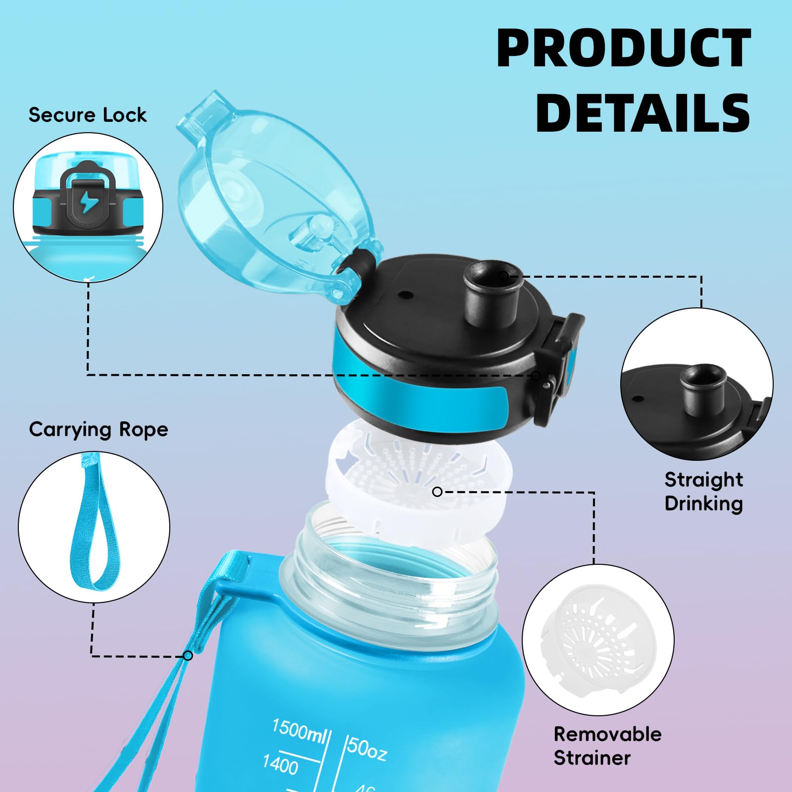 Grsta Gourde 1,5l, Anti Fuite Gourde Sport, Gourdes Graduée pour 1 Journee, Verrou de Sécurité, Avec Marqueur de Temps, Bouteille Motivation avec Filtre pour Plein Air, Cyclisme, Camping - 3