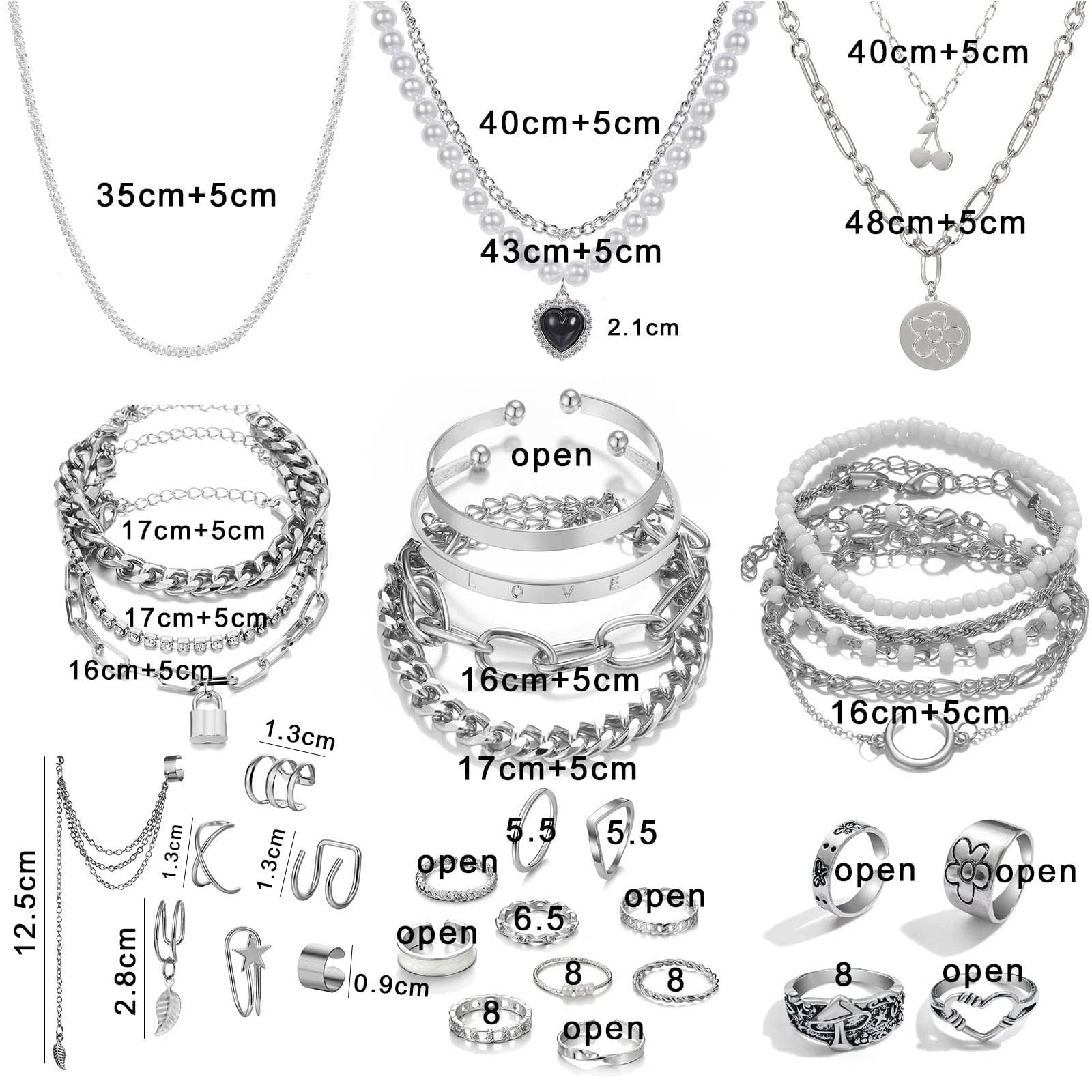 36 Stück Silberplattiertes Schmuckset mit 3 Halsketten, 12 Armbändern, 7 Ohrläppchen Ohrringen, 14 Knöchelringen für Frauen und Mädchen als Geschenk für Valentinstag, Jahrestag,