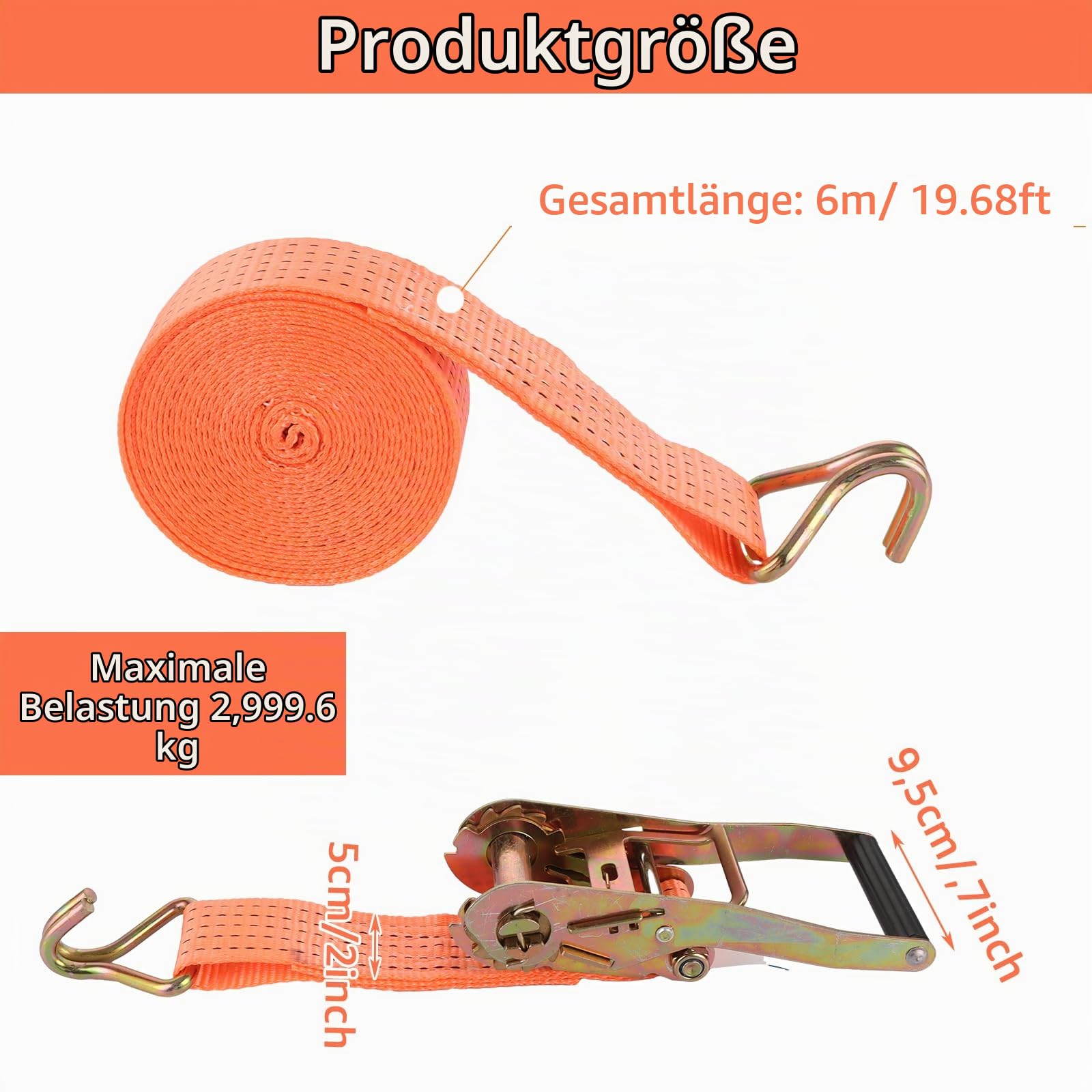 4 Stück Spanngurt 3000 kg Mit Ratsche und Haken, 50mm x 6m, Zurrgurt Orange für Anhänger, Motorrad, Auto, Waren