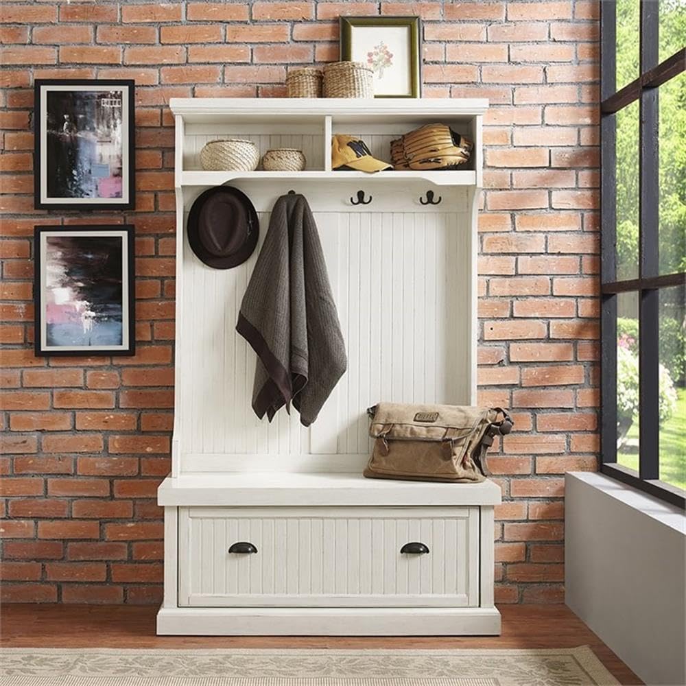 Pemberly Row Hall Tree, 64.5" H x 40" W x 18.5" D, Distressed White Finish, Solid Hardwood & Veneer, Beadboard Panels, Bench Seat with Storage, Hooks for Coats, Entryway Furniture