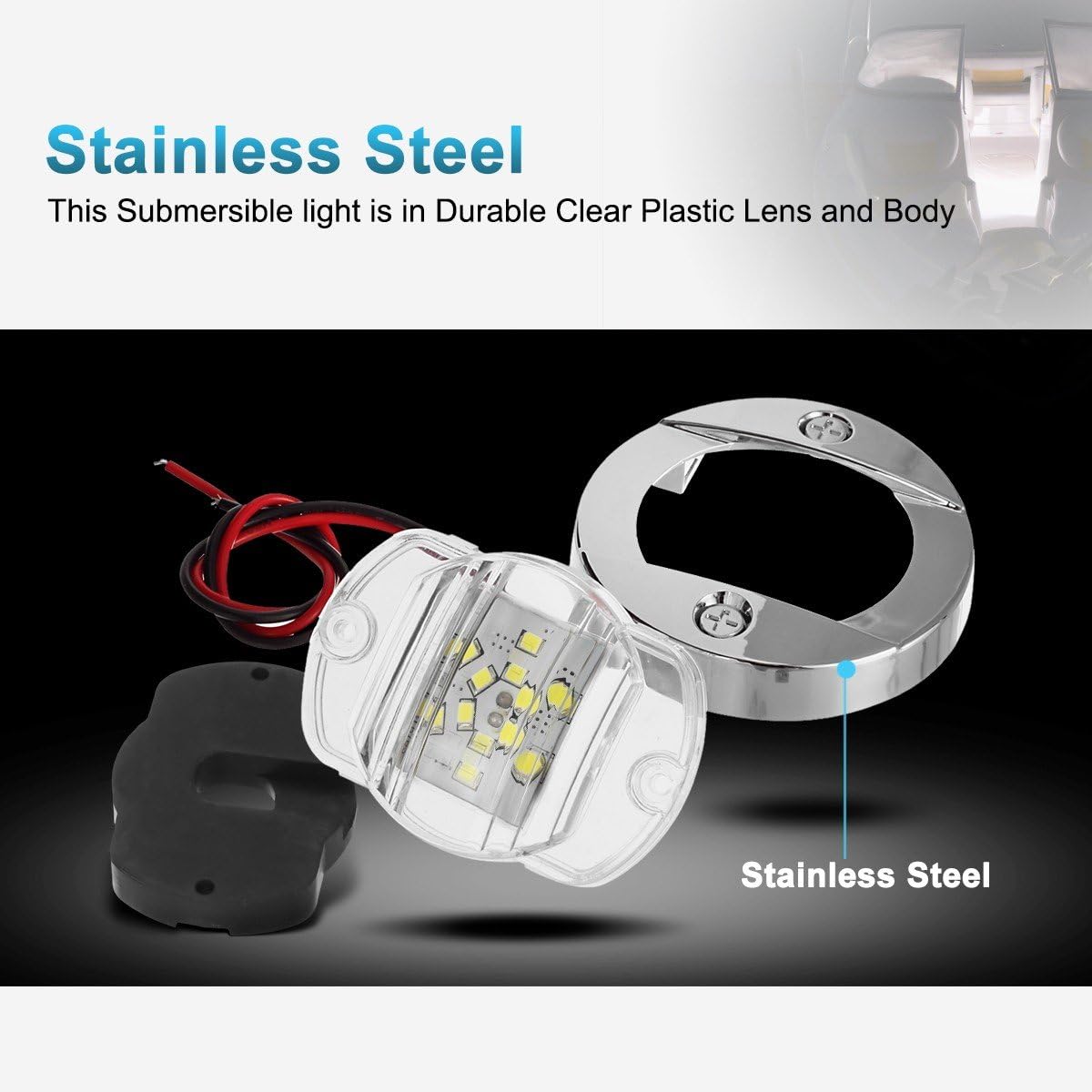 Disassembled view of the marine light showing the stainless steel bezel, clear plastic lens, and body components.