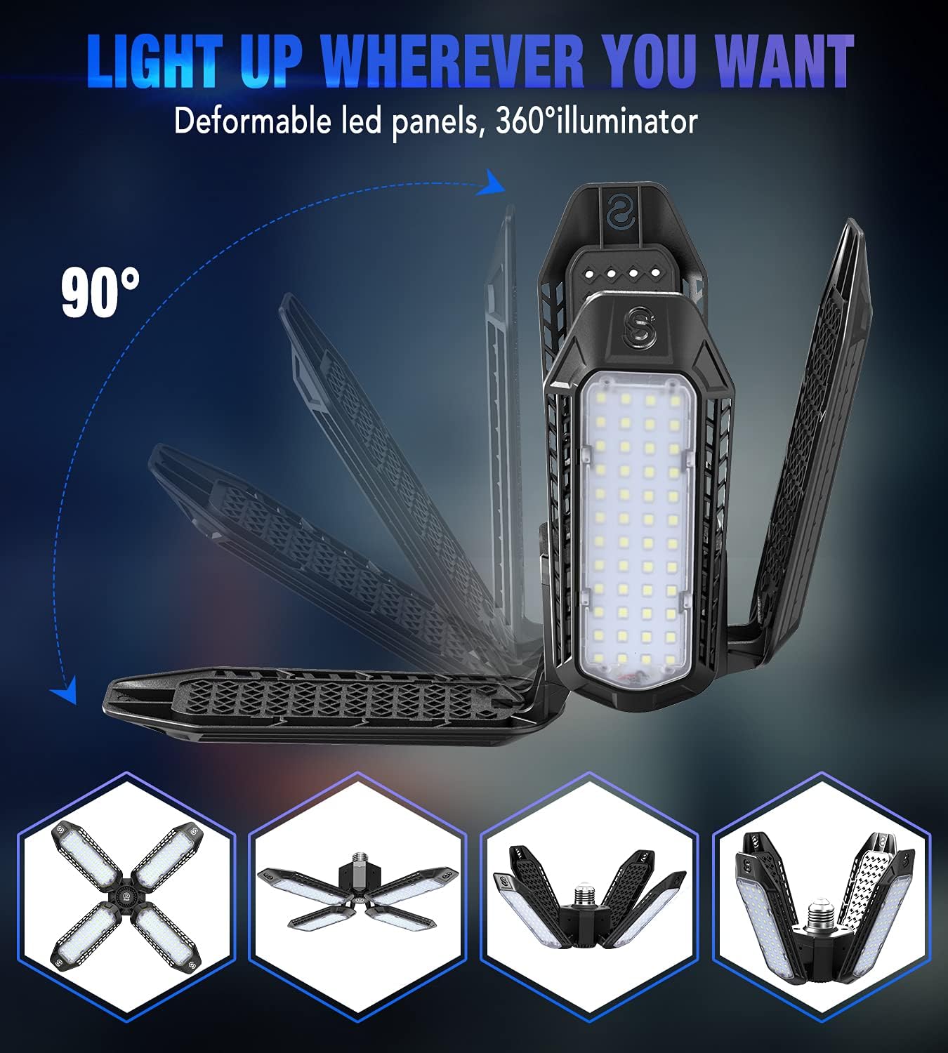 JZCreater 4 Pack LED Garage Lights, 12000LM Ultra Bright LED Shop Light with 4 Adjustable Panels, 80W Deformable Garage Ceiling Lights E26 Basement, Barn, High Bay