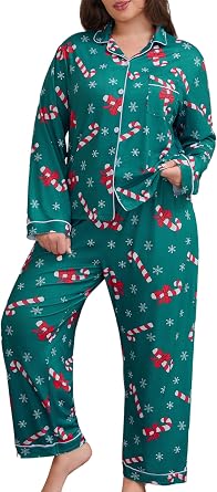 Christmas Pajamas for Women Set 2 Piece Plus Size Pj Cute Xmas lounge Sets Long Sleeve Button Down Sleepwear