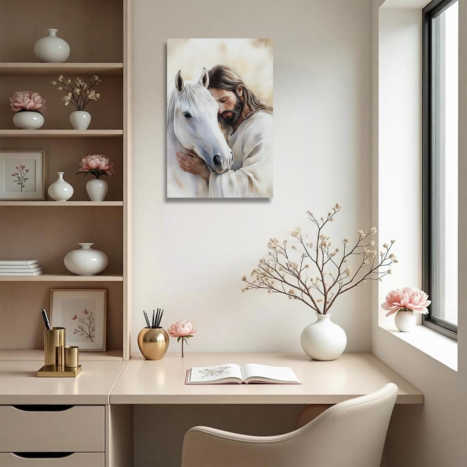 YMXDYMJSW Christian Jesus Wall Art Jesus and White Horse Pictures God Touching Horse Canvas Prints Wildlife Paintings Religious Artwork for Office Decor Frame (White,18L x 12W)