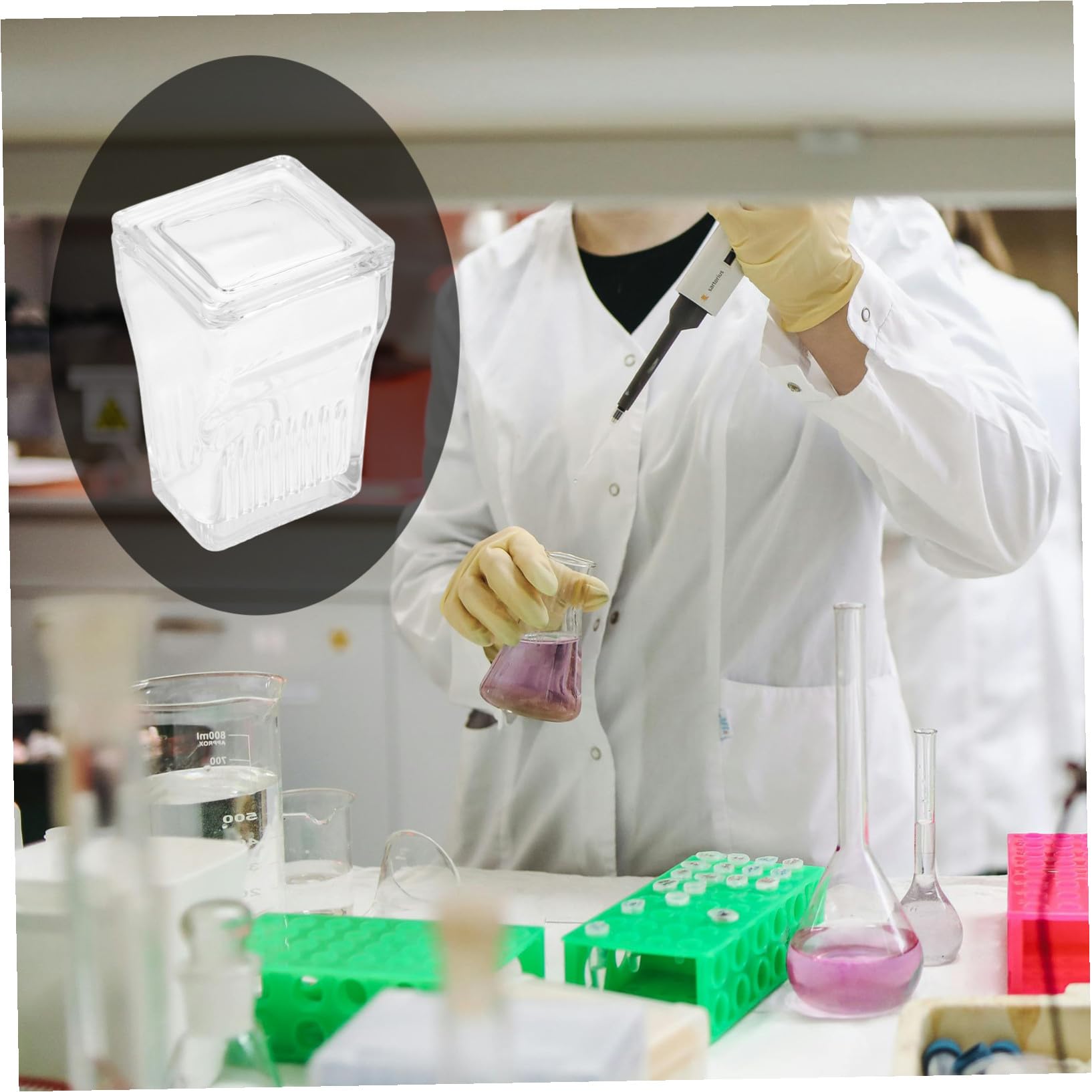 Hemobllo Barattolo con Portavetrini Integrato in Vetro Trasparente per Colorazione Vetrini da 9 Slide per Procedures di Laboratorio e Sperimentazioni Scientifiche