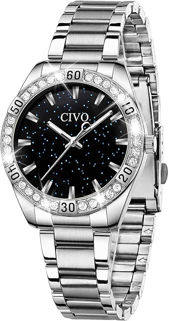 CIVO Women Watches Ladies Rose Gold Starry Sky Designer Analogue Watches for Women Ladies Stainless Steel Waterproof Silver Luminous Fashion Stone Set Dress Wrist Watch Gifts for Mum